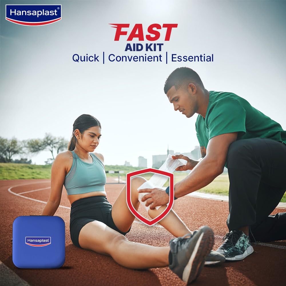 Hansaplast Fast Aid Kit for Wounds & Bruises | First Aid Kit | 9 Items - 35 Pieces | Emergency Medical Kit for Home, Office, Travel, Car, Sports, Outdoor, Multi-Use Pack for Cuts, Wounds & Injuries | Lightweight & Compact 3