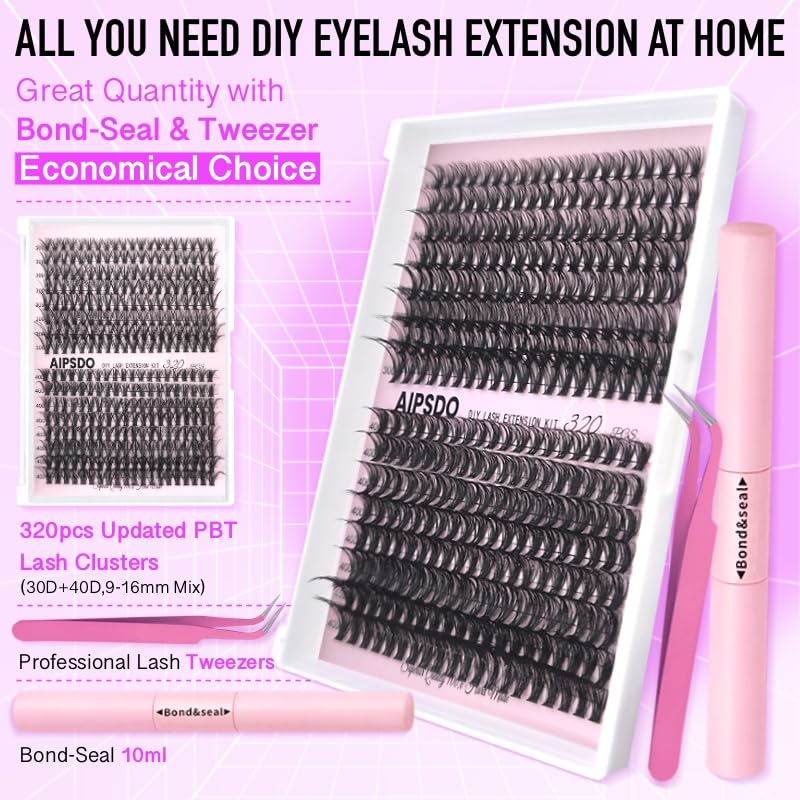 Aipsdo Cluster Lashes Kit 320PCS Individual Eyelashes Lash Clusters Eyelash Extension Set Eyelash Curler Eyelash Extension Set 3040D (Set 30D/40D-9-16Mix) - Image 3