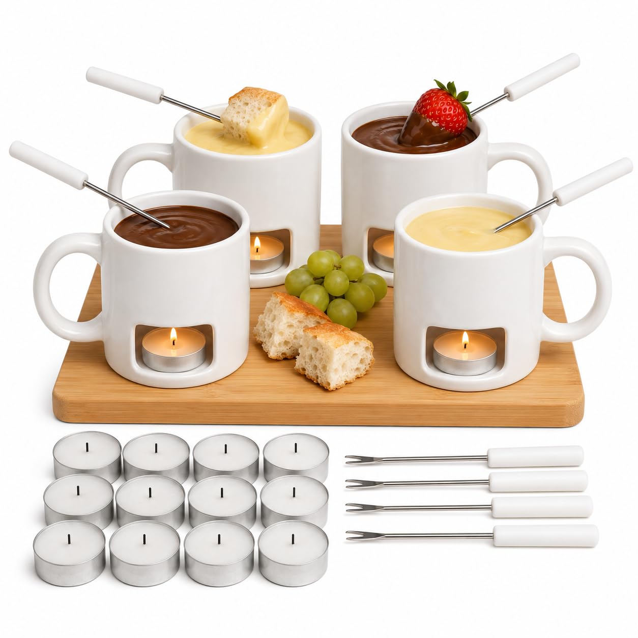 Evelots 4-Pack Ceramic Fondue Cheese Mugs, 8 Forks &amp; 16 Candles, White
