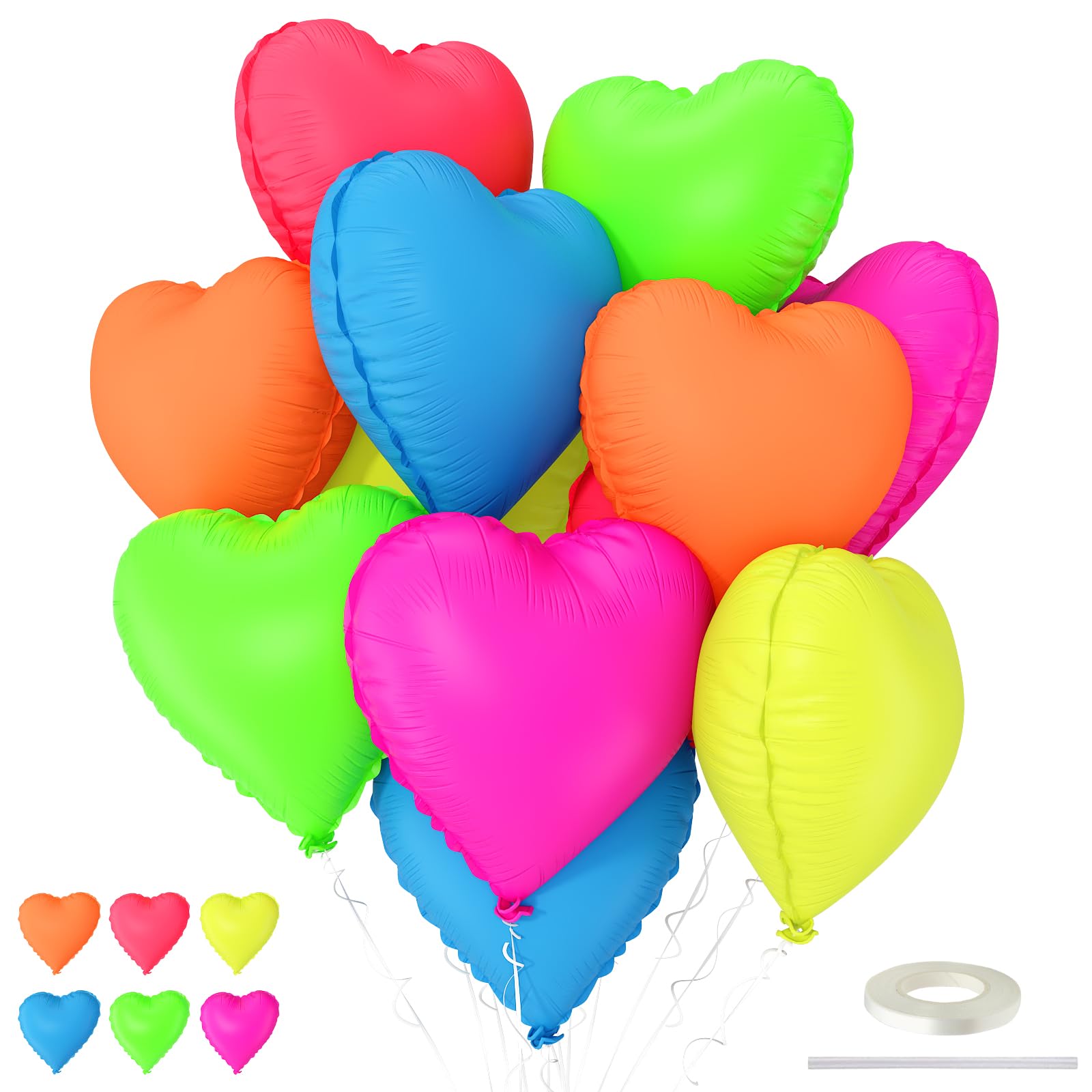 Neon Heart Balloons, 18 Inch Rainbow Heart Shape Foil Balloon, 12 Pcs Hot Pink Yellow Blue Green Orange Red Multicolor Helium Balloon for Colorful Glow Party Disco Birthday Bachelorette Tropical Decor โ image 1
