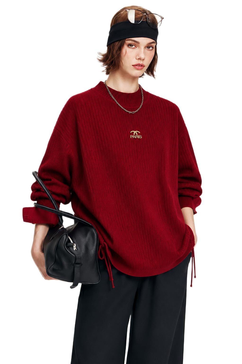 Paris Round Neck Ribbed Knit Sweater with Long Sleeves in Red-image-13