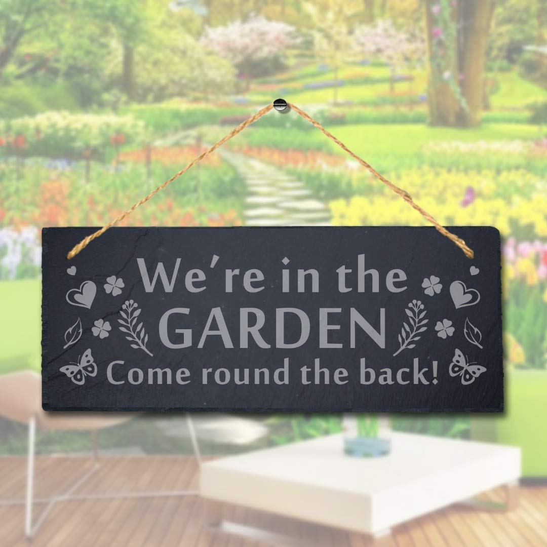Stukk Come Round Laser Hanging Garden Sign, Natural Engraved Slate Stone Plaque, 30x12cm