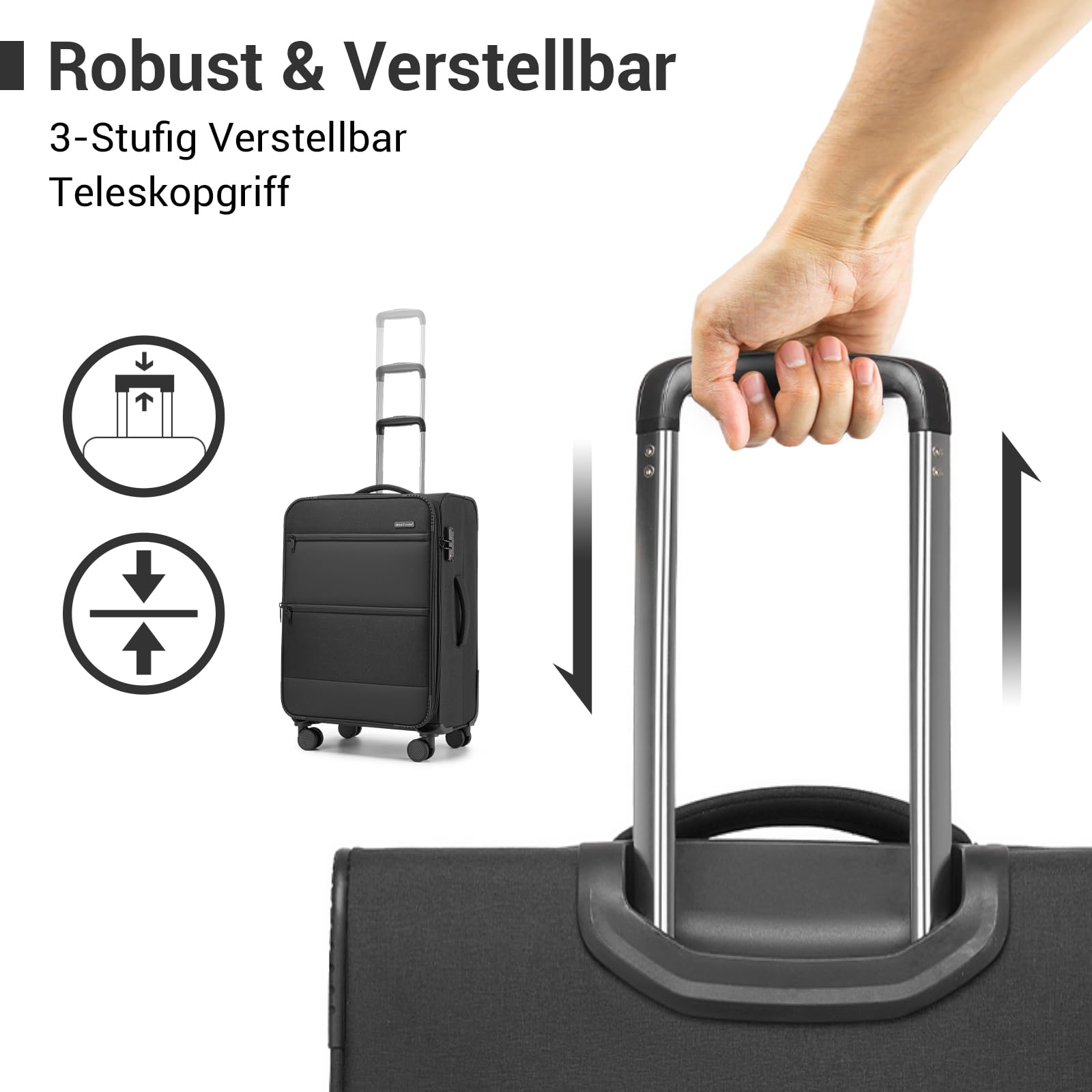 British Traveller Erweiterbarer Koffer groß Stoffkoffer TSA Schloss | 100L Stoff Reisekoffer mit Volumenerweiterung, leichter Weichgepäckkoffer mit leisen 360° Rollen, ideal für Familienurlaub