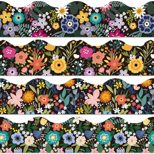 JarThenaAMCS Floral Bulletin Board Borders Colorful Flower Retro Self-Adhesive Border Trims 4 Designs Scalloped Border Sticker Decals Wildflowers Die Cut Border for Back to School Decoration, 72Pcs