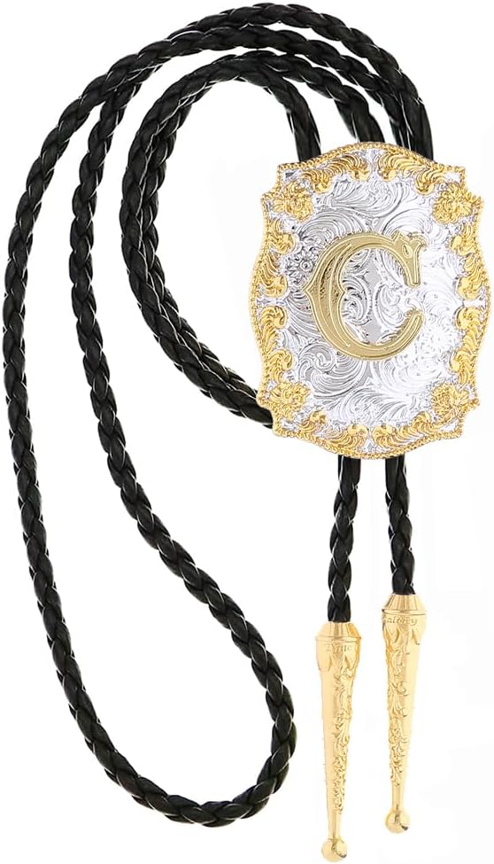 Bolo Tie for Men Initial Letters A-Z Bolo Tie Western Texas Rodeo Cowboy Tie Golden Leather Necktie Necklace - Image 4