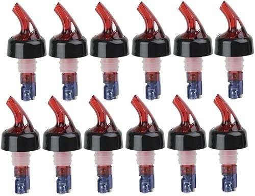 Soro Essentials - Juego de 12 vertedores de botellas de licor de plástico de 1-18 onzas, boquilla roja con cuello negro, vertedores de botellas para