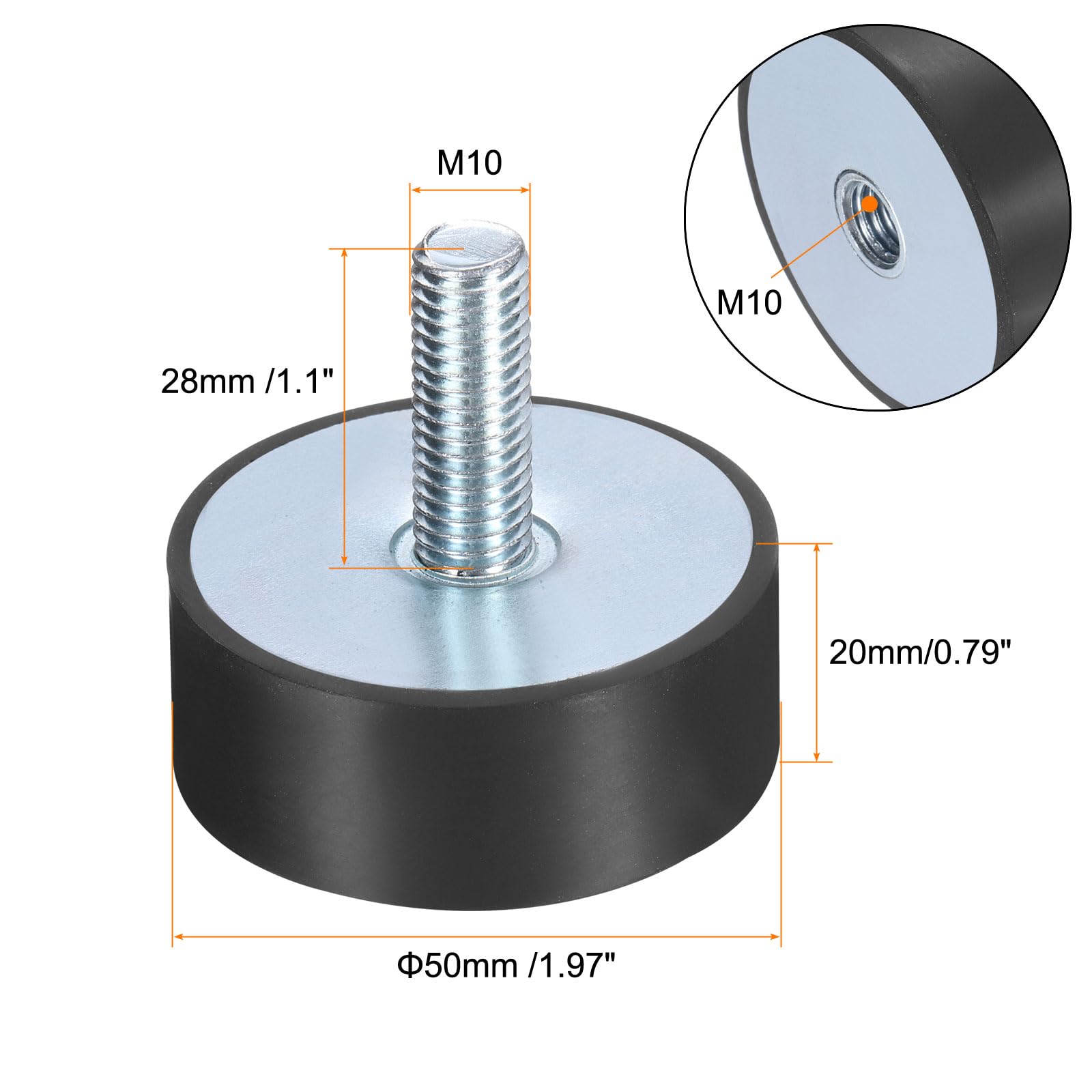 QUARKZMAN 4 Pezzi Supporti Antivibranti In Gomma M10x28mm Con Perno 50x20mm Maschio Femmina Ammortizzatore Vibrazioni Zincato Supporti Cilindrici Con 4 Dadi Bloccanti M10
