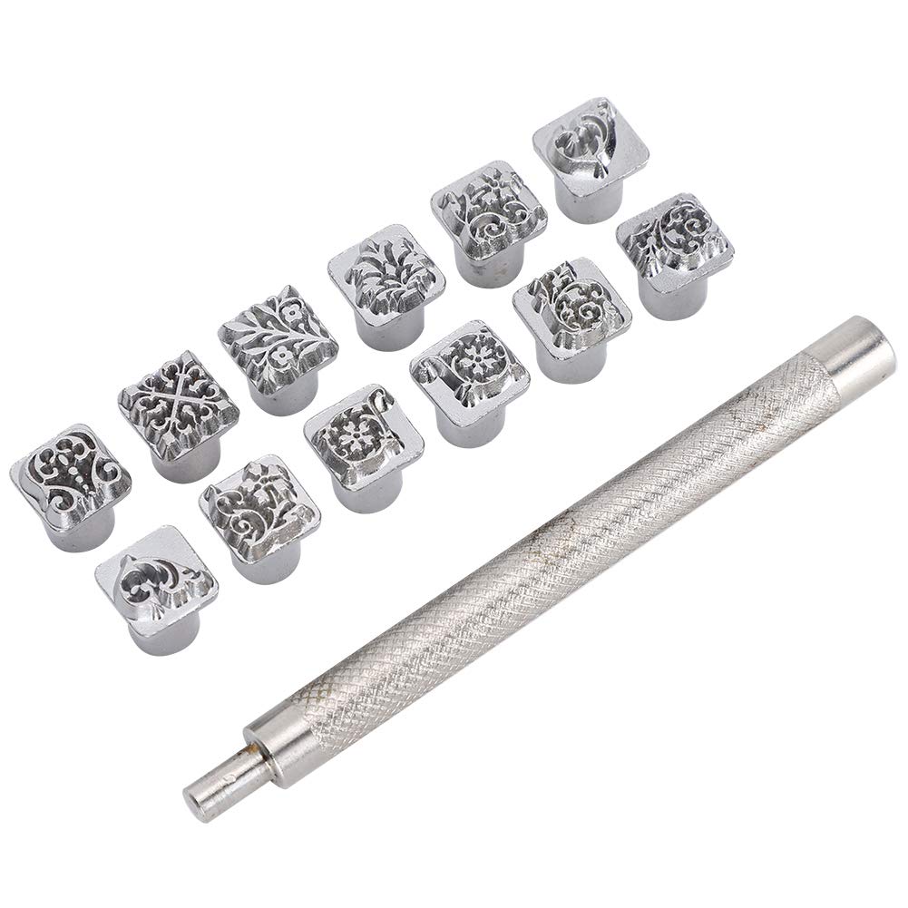 QANYEGN 12Pcs Stamping Punch Tool Set, Flower Design Craft Stamping Tools with Handle, Leather Stamper for Crafting and Art Projects
