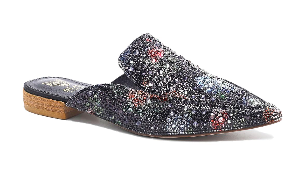 Beast Fashion Women's Rhinestone Slip-On Mules Flat Mules Buckle Pointed Toe Backless Slip on Slides Loafer Shoes