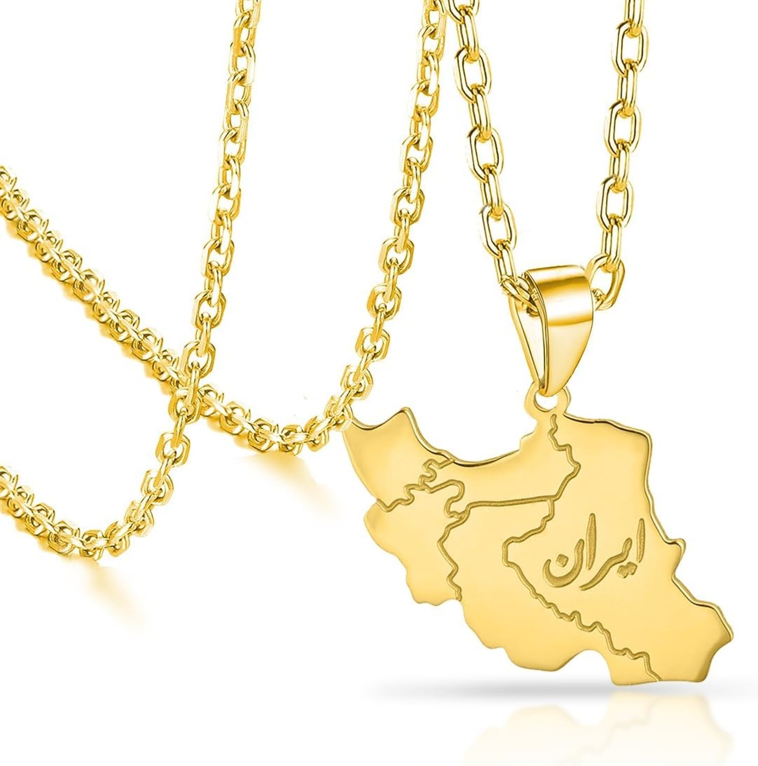 GIOFEOIK Iran Map Pendant Necklace with Dove Flag Colour CZ Stainless Steel Persian Patriotic Jewellery Gift for Women Men, gold 10