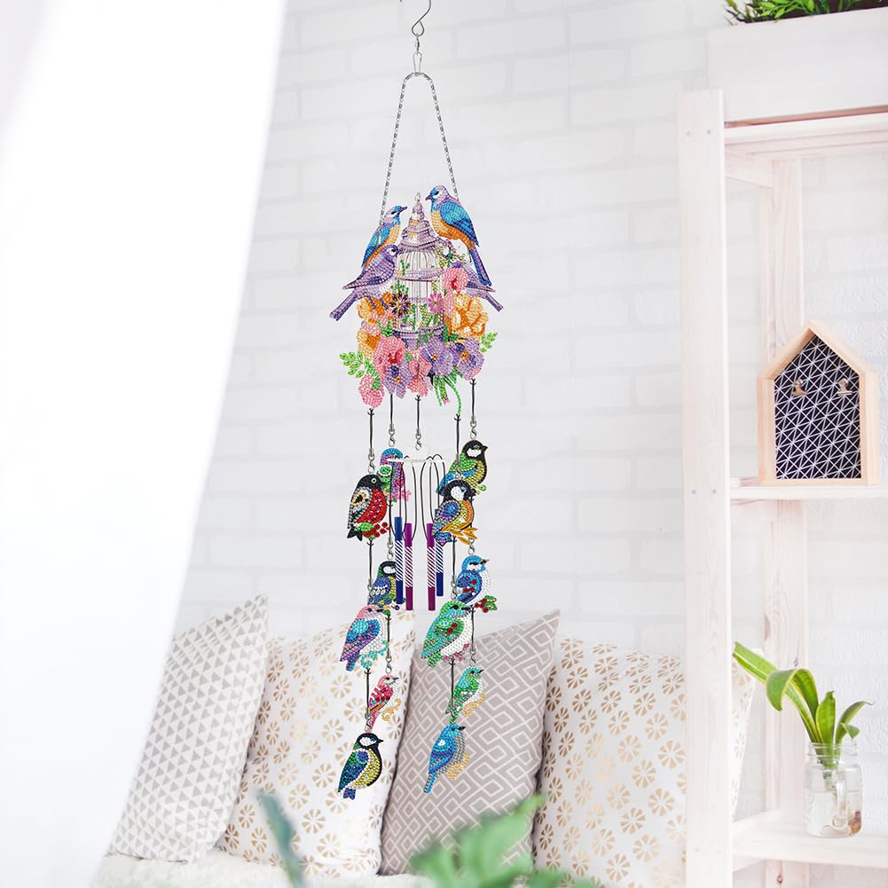 RuiDay Diamond Painting Kits for Adults-Diamond Art Wind Chime Kit, Diamond Paintings Hanging Ornaments, Diamond Dot Painting Wind Chime, Gifts for Holiday Decor Mom Grandma Women(Flower Bird)