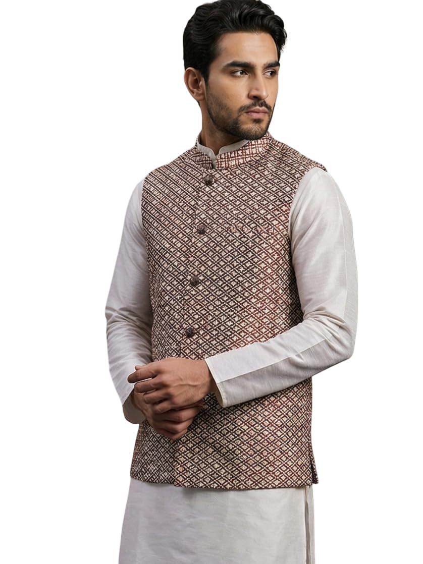 jompers Men's Peach Woven Design Nehru Jacket With Solid Kurta Pyjama.-picture-23