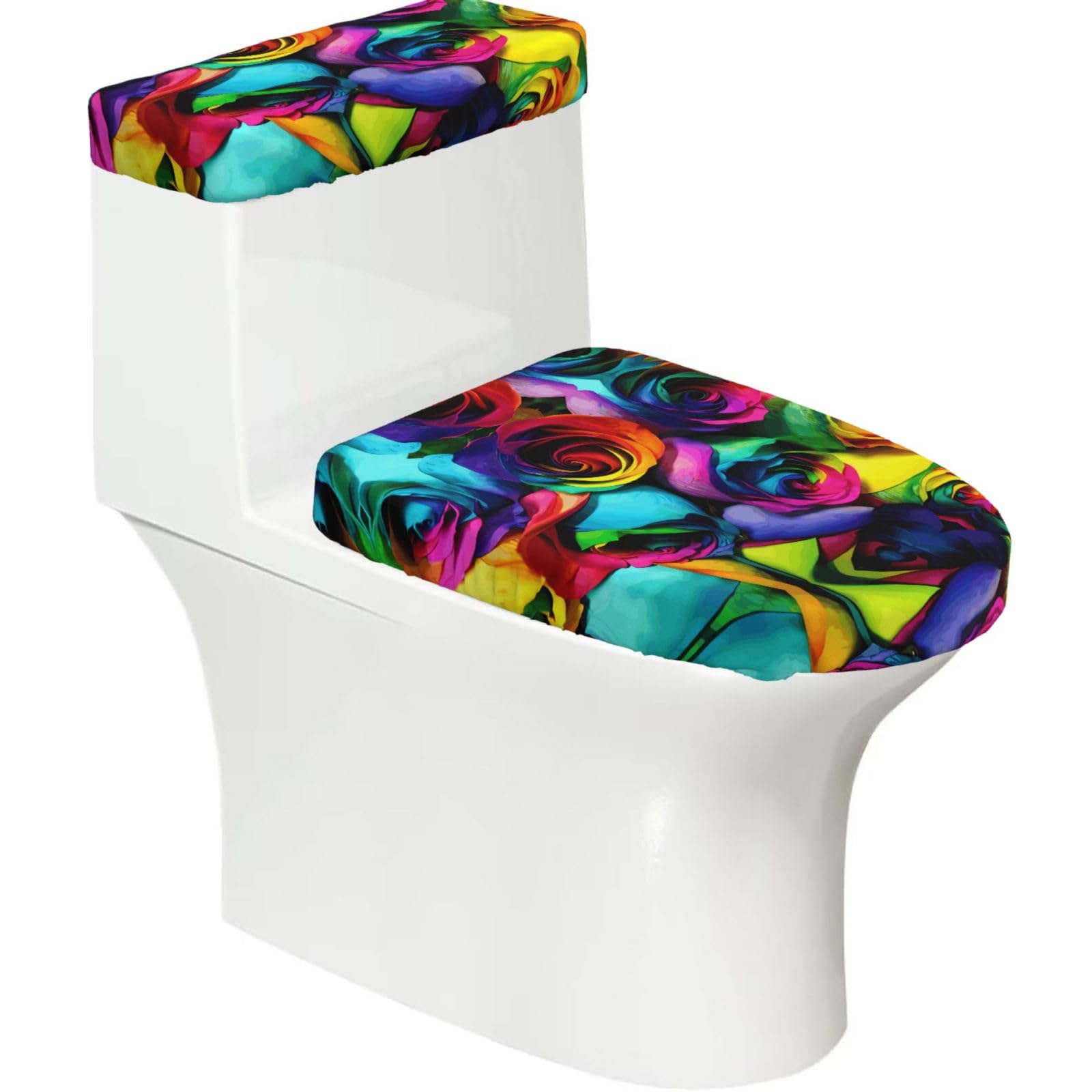 Rainbow Rose 2-Piece Toilet Seat Cover Set with Tank Lid - Elastic for U-Shape & Elongated - Bathroom Decor