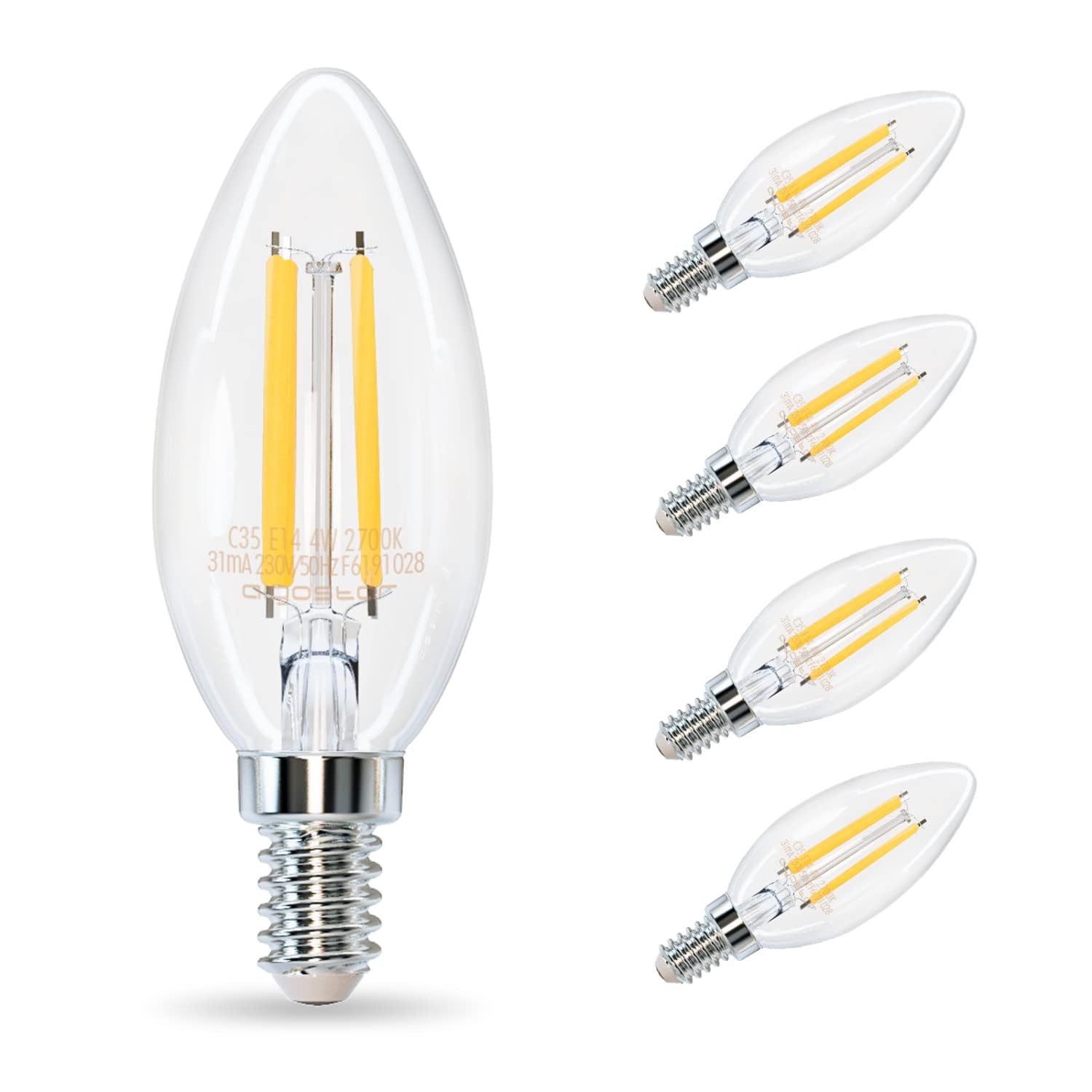 Aigostar E14 LED Light Bulb Warm White, 2700K SES E14 Candle Bulb, Clear Filament SES Small Screw, 4W LED SES Candle Bulb 470LM 40W Equivalent, 5 Pack Small Edison Screw Bulb