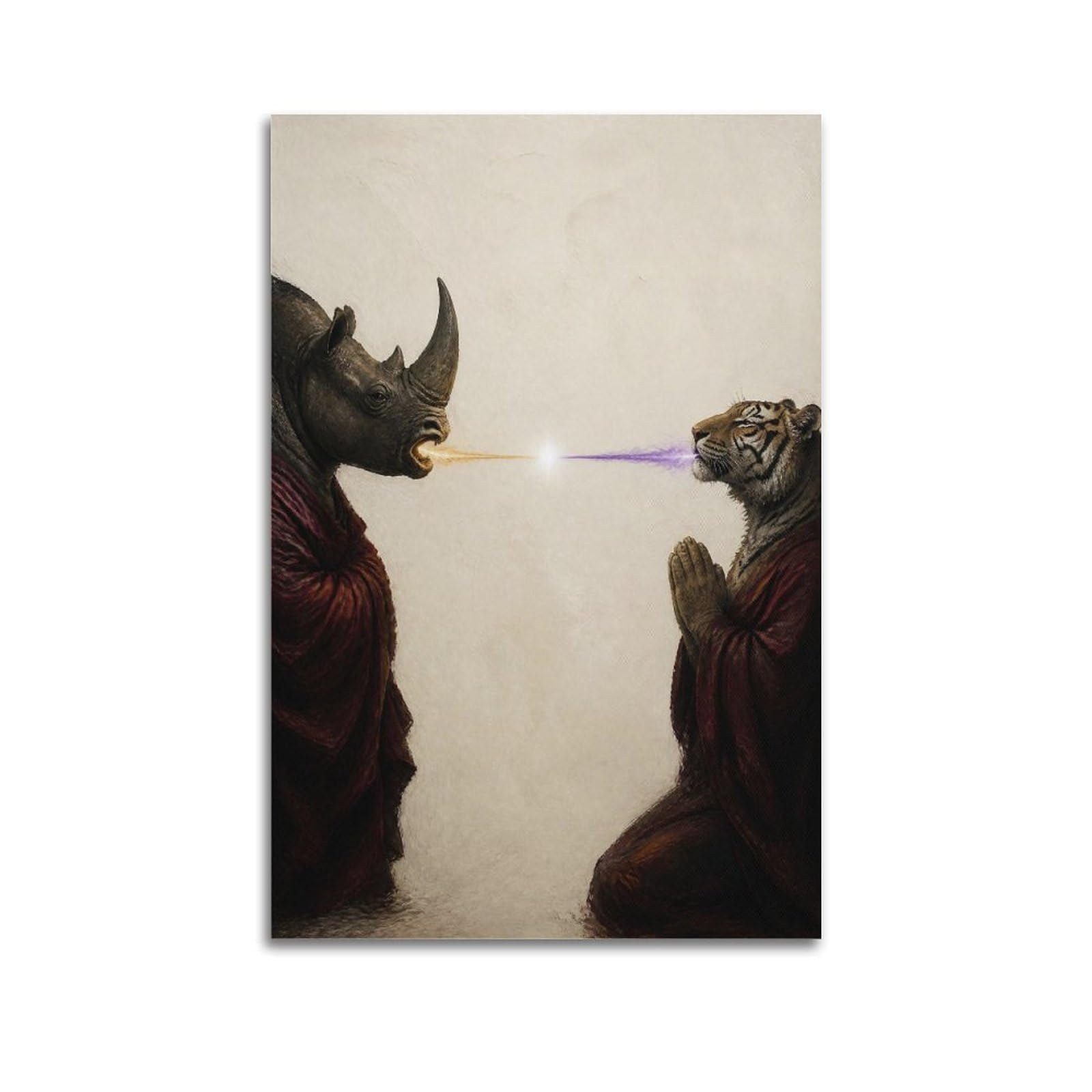 XKUGA Surreal Renaissance Animal Poster Rhinoceros Tiger Duel Modern Decorative Canvas Prints - Ideal Wall Art for Family, Man Cave, Game Room, Boys & Girls Bedroom 20x30inch(50x75cm)
