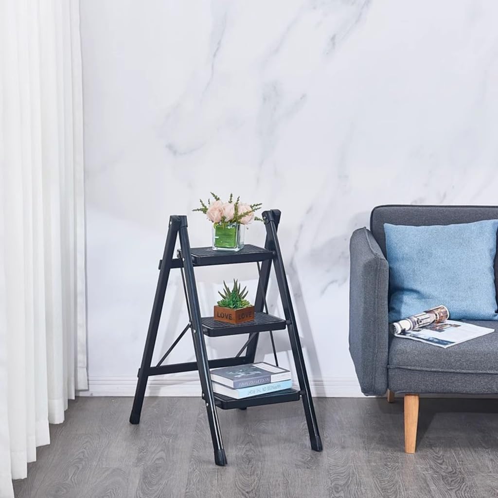 Step Ladder 3 Step Folding Ladder Black Home Ladder Space-Saving Portable Lightweight Ladder Kitchen Widened and Thickened Treads Ladder Ladder