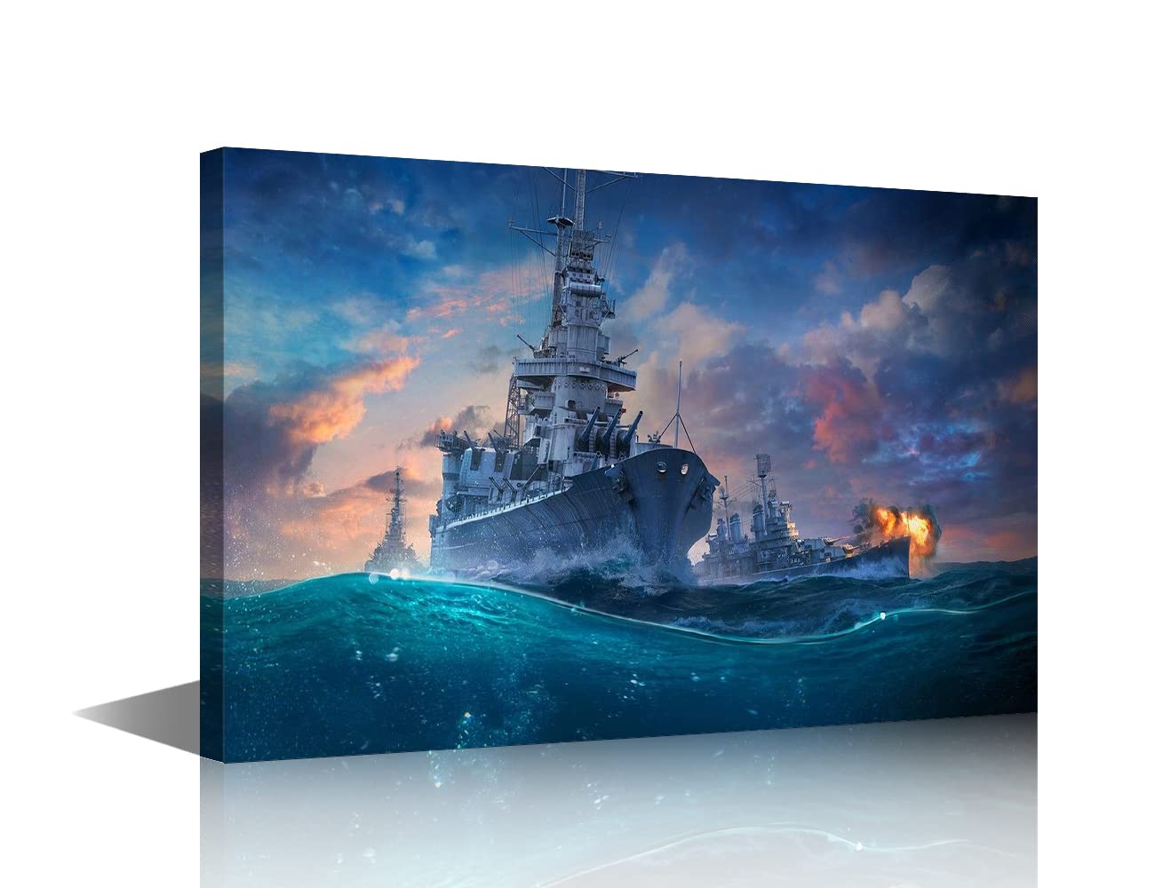 TISHIRON Boat Wall Art for Living Room Navy Blue Battleship Paintings Military Gunboat Pictures 1 Panel Art Prints Artwork on Canvas Modern Home Decor Framed Gallery-Wrapped Ready to Hang(16" Wx24 H)