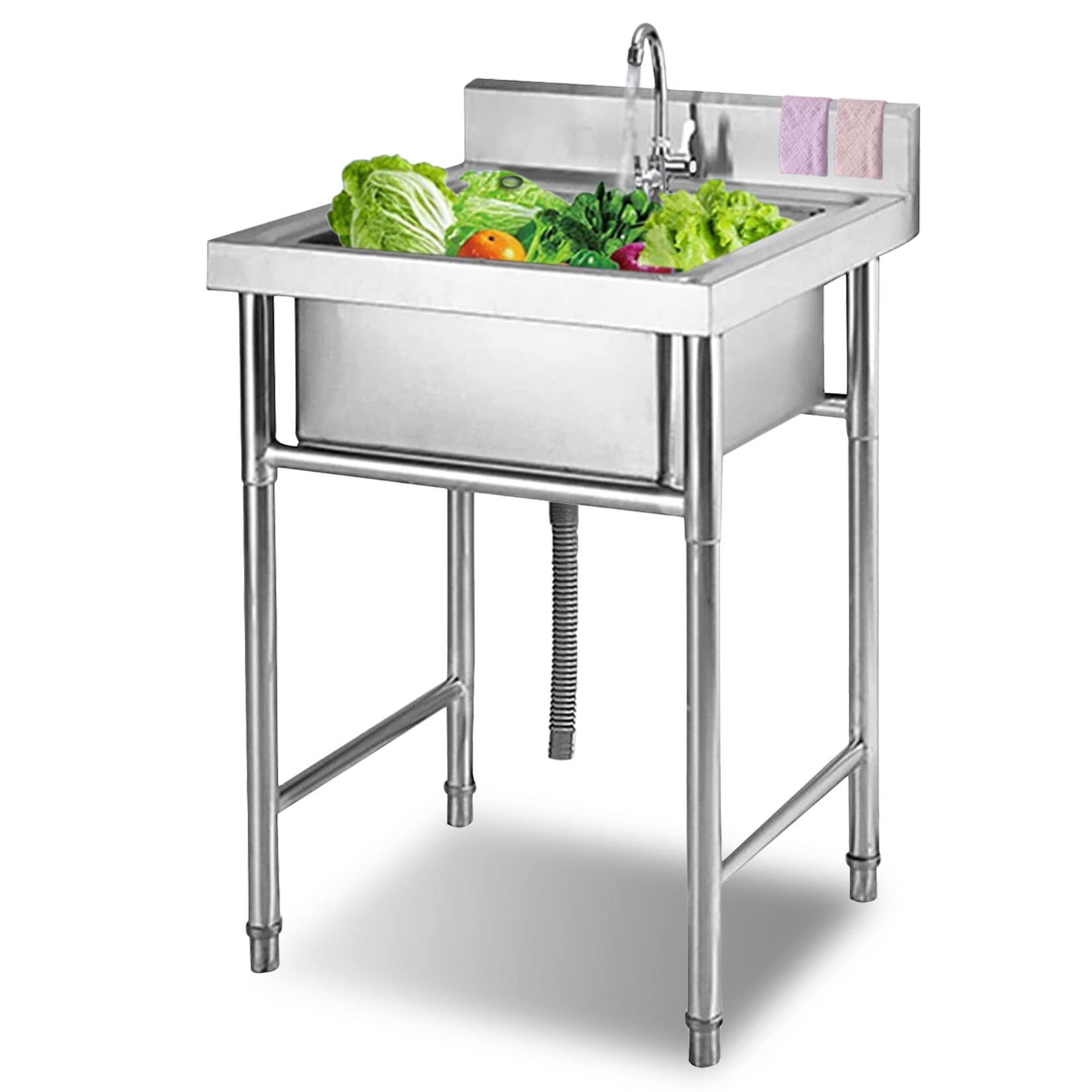 HCZKIUJY Kitchen Utility Sink,Single Bowl 1 Compartment Freestanding Commercial Kitchen Sink, Utility Sink with Faucet, 304 Stainless Steel Unit Wash Basin for Outdoor Indoor Gara(23.6x23.6x31.4in)