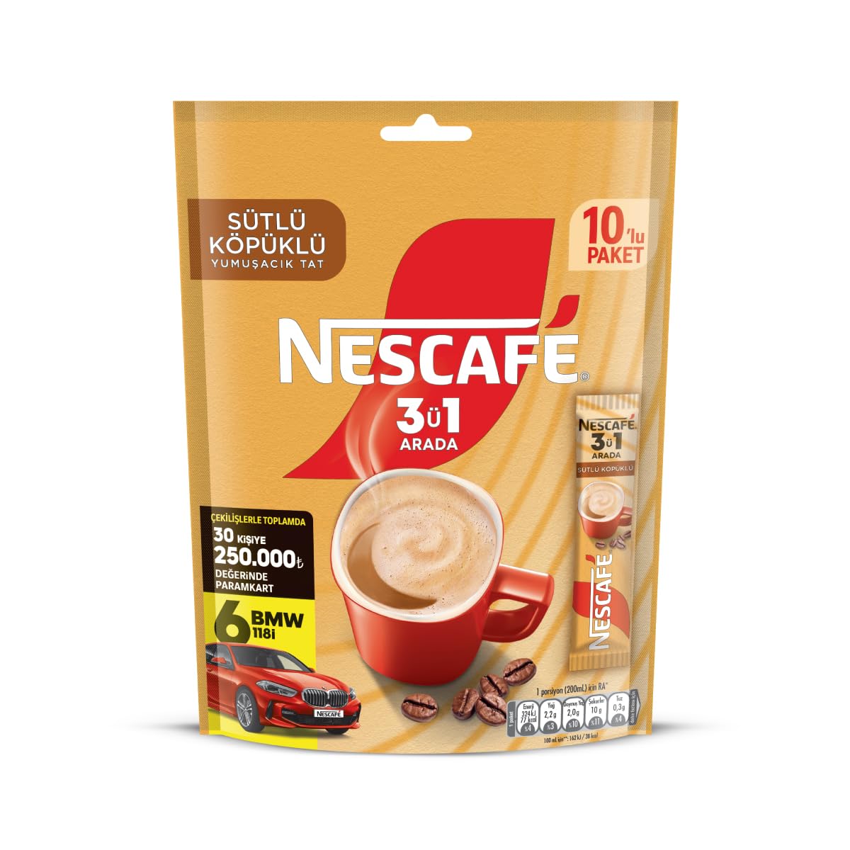 NESCAFÉ 3'ü 1 Arada Sütlü Köpüklü Çözünebilir Kahve Karışımı 120 Adet, 17,4 g x 12