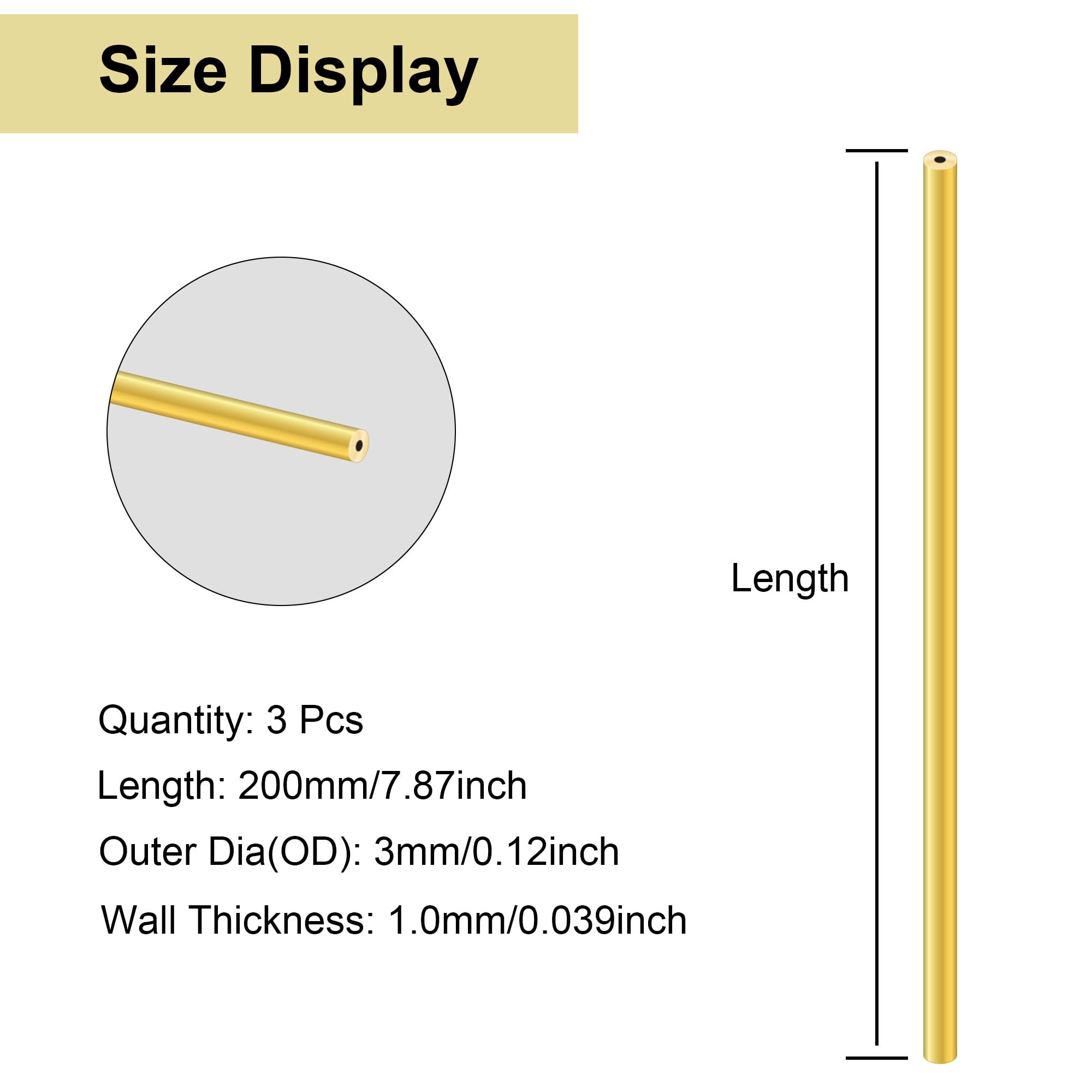 Tubo rotondo in ottone 3 mm x 1 mm x 200 mm senza cuciture 3 pezzi