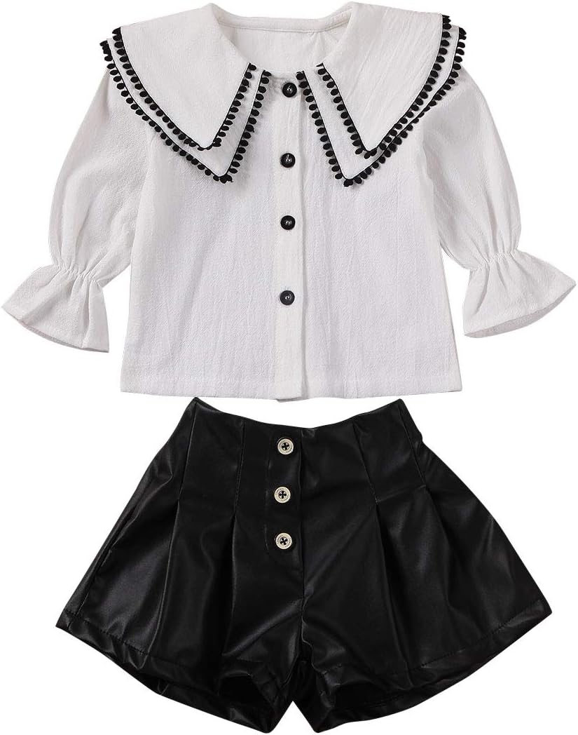 Toddler Baby Girl Ruffle Long Sleeve Clothes Tassel Tops Sailor Collar Button T-Shirt PU Leather Shorts Outfit Set
