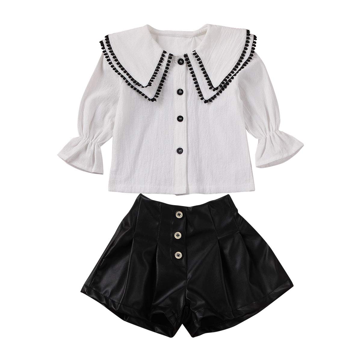 Toddler Baby Girl Ruffle Long Sleeve Clothes Tassel Tops Sailor Collar Button T-Shirt PU Leather Shorts Outfit Set