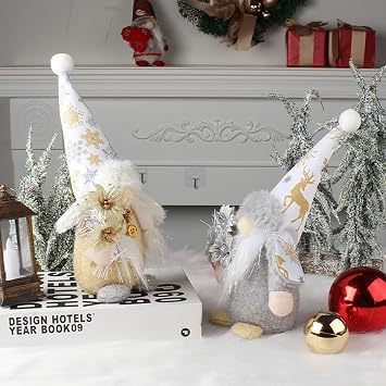 Christmas Gnomes Plush Decor, 2pcs Xmas Gold Silver Holding Flowers Gnome Set, Handmade Gnomes Ornaments with Witch Hat Christmas Table Decorations Gifts