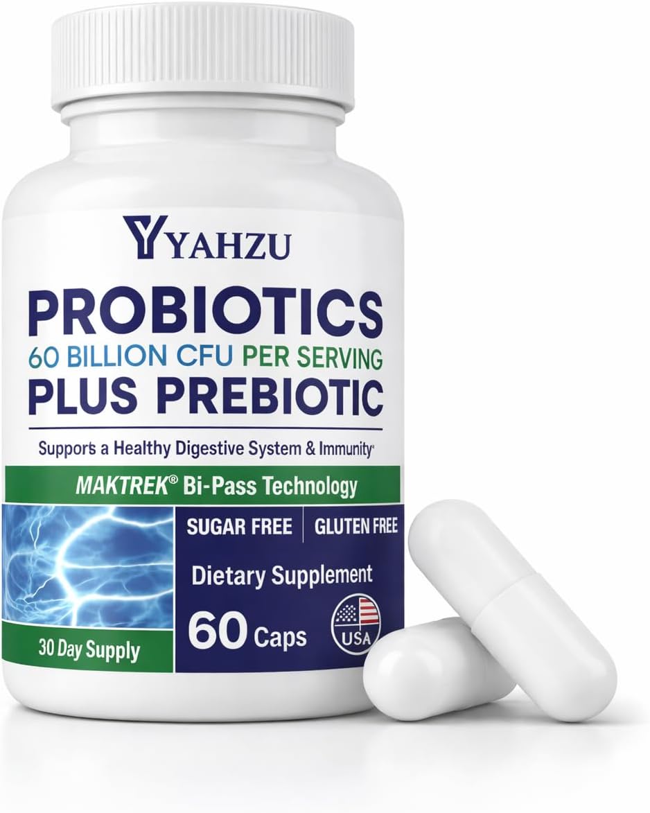 60 Billion CFU Probiotics with Prebiotic Fiber – Synbiotic Digestive & Immune Support for Men & Women, 4 Clinically Researched Strains, 60 Vegan Capsules