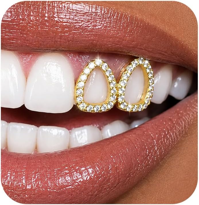 Rhinestone Teeth Grillz for Women Sparkly Gold Grills for Your Teeth Golden Mouth Grills Men Hollow Tooth Gems Cap Hip Hop Rapper Outfits Accessory for Concert Carnival Halloween Party Gift (Gold)