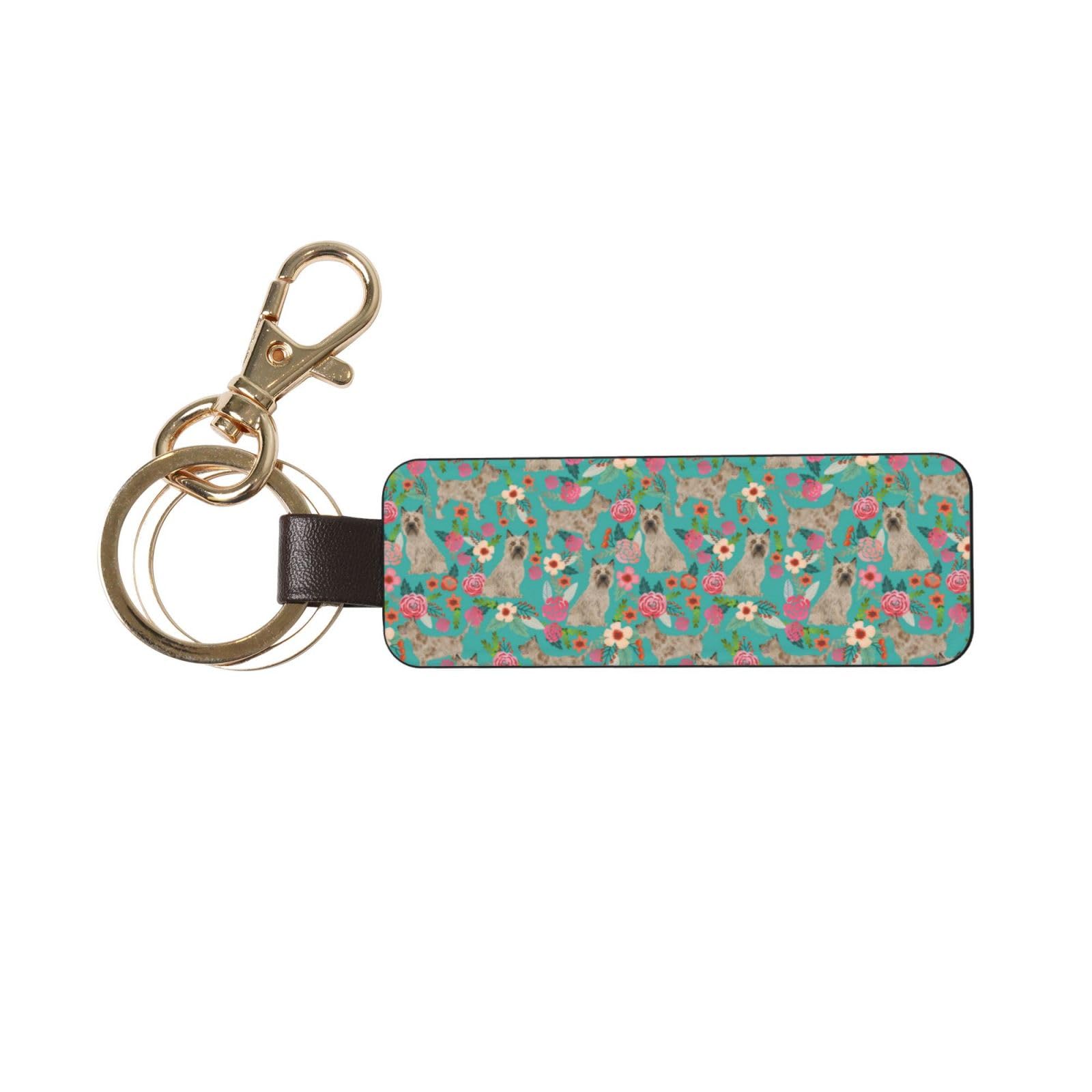 Hcmuxisen Unisex As Picture Cairn Terrier Vintage Florals, Pu Leather Keychain, Keychains Keyring Key Chain Ring 1 Pc