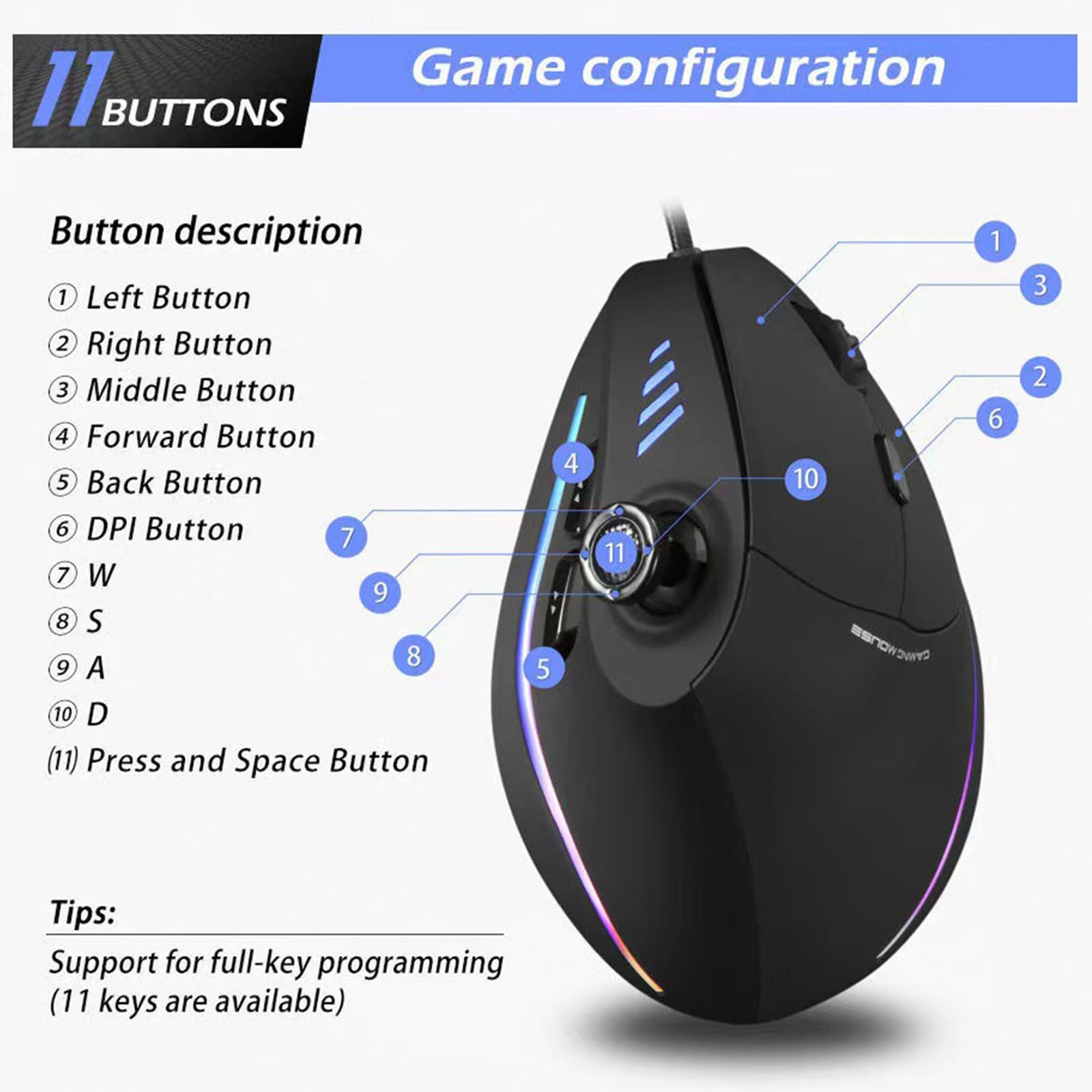 PLCPDM Da gioco verticale Joystick ergonomico con cavo programmabile 10000 DPI per Giocatori computer Accessori per