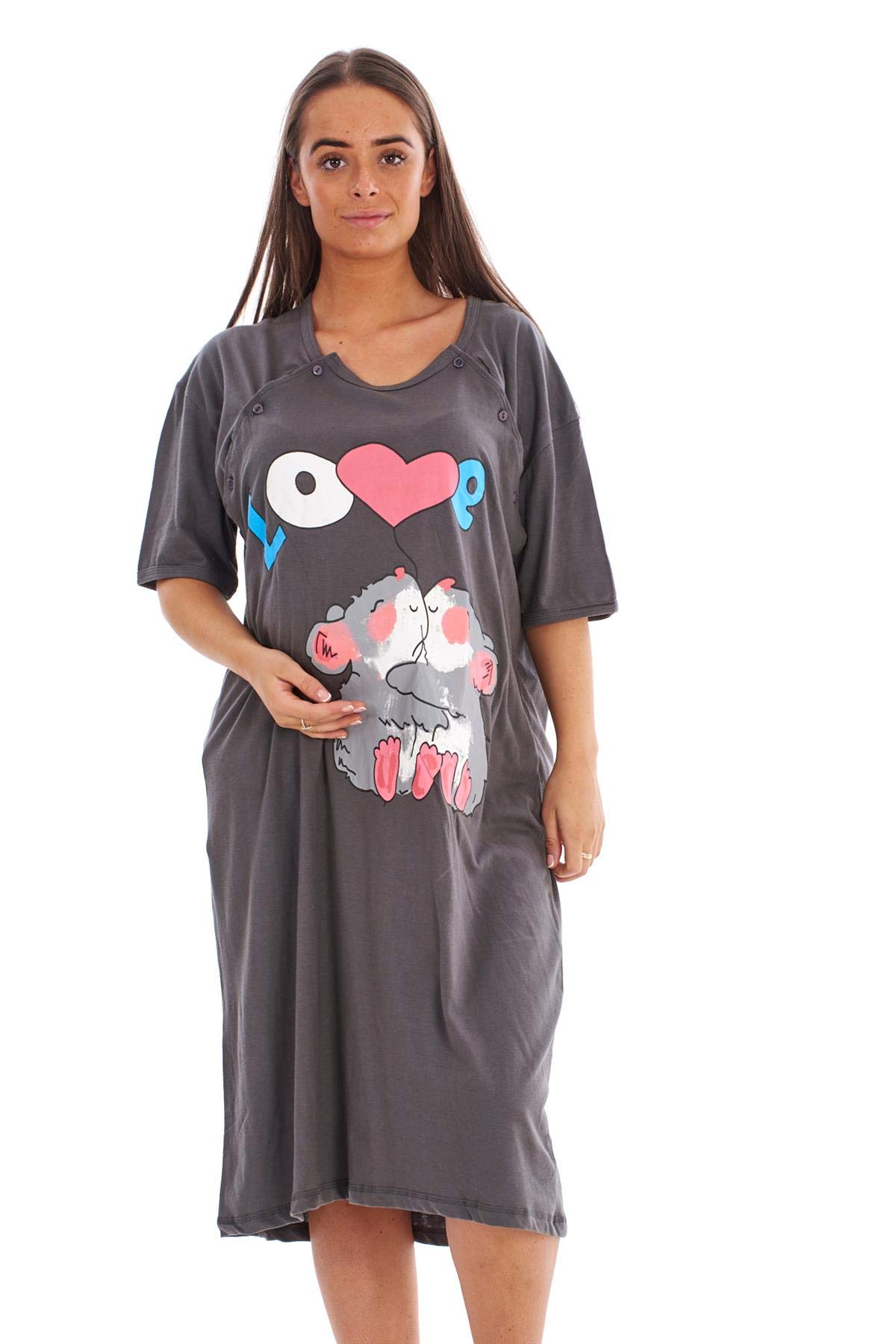 Malay Women's Dark Grey Maternity Nursing Nightdress 100% Cotton Motif Print Breast Buttons Labor