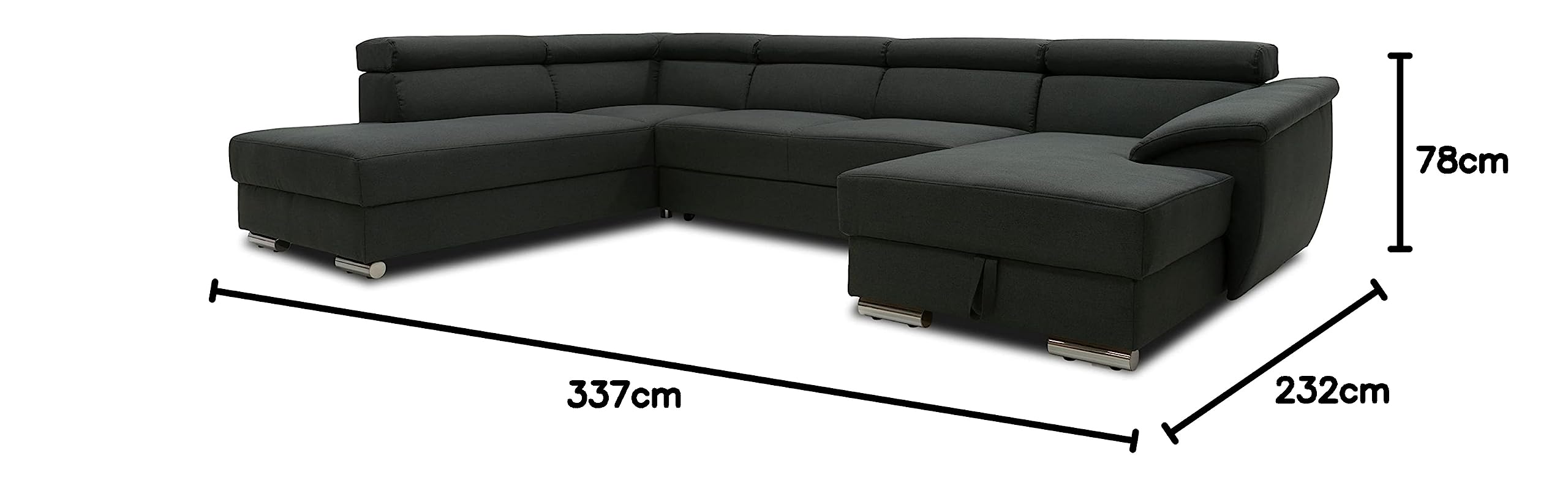 DOMO. collection Wohnlandschaft David FK, Longchair rechts mit Schlaffunktion und Bettkasten in U-Form, Schlafsofa mit Federkern und Rückenfunktion, 337 x 232 x 78 cm (BxTxH), anthrazit