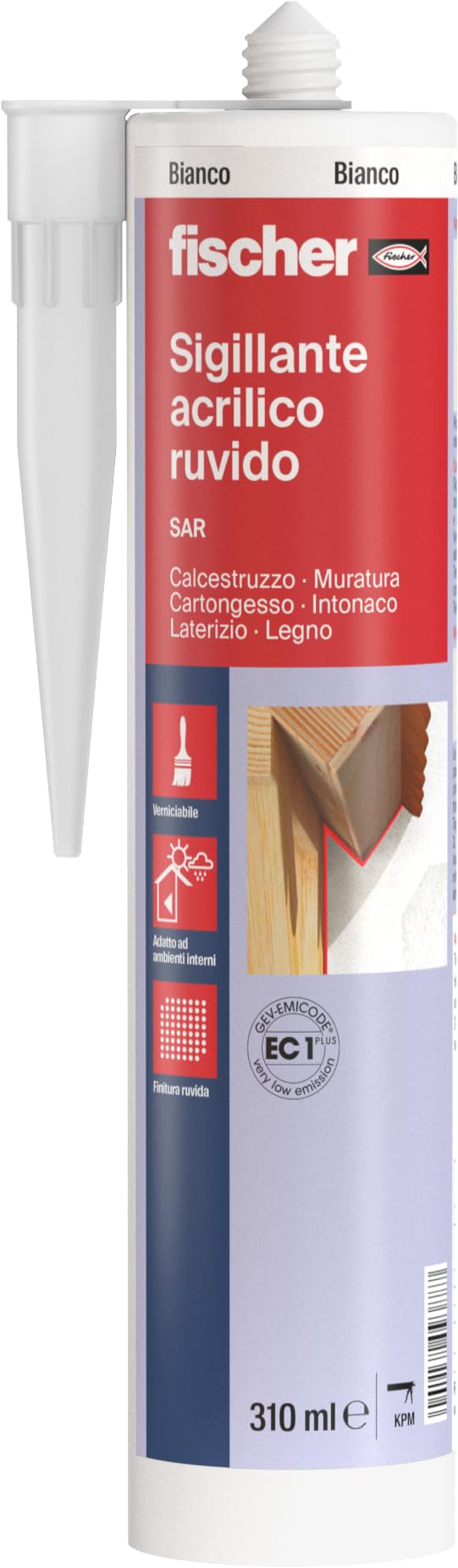 Fischer SAR 310 Sigillante Effetto Intonaco Bianco, Acrilico, Finitura Ruvida, Verniciabile, per Facciate, Giunti, Fessure, Inodore, Uso Interno, Senza Solventi, 9388