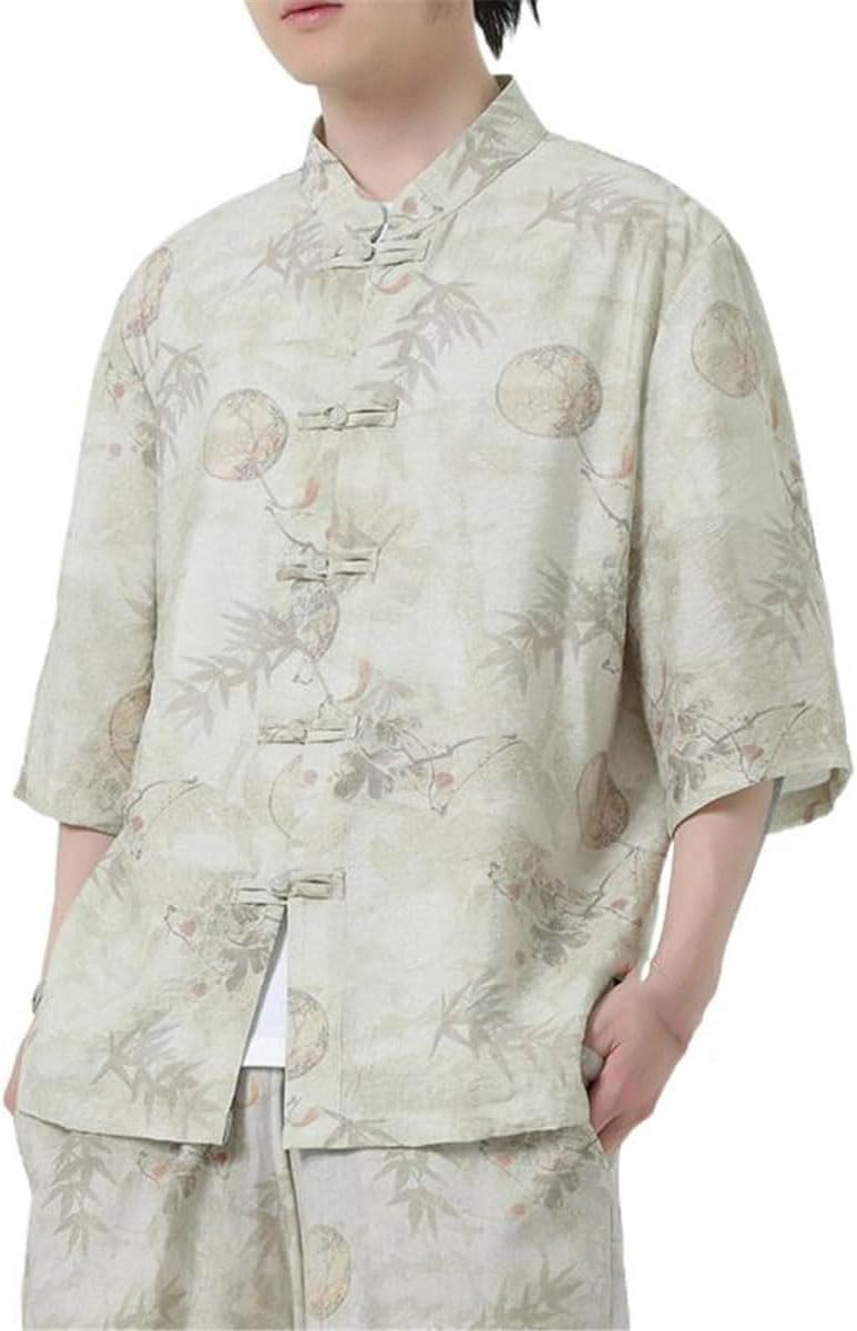Men's Shirt Summer Floral Print Loose Chinese Style Short Sleeve Tops