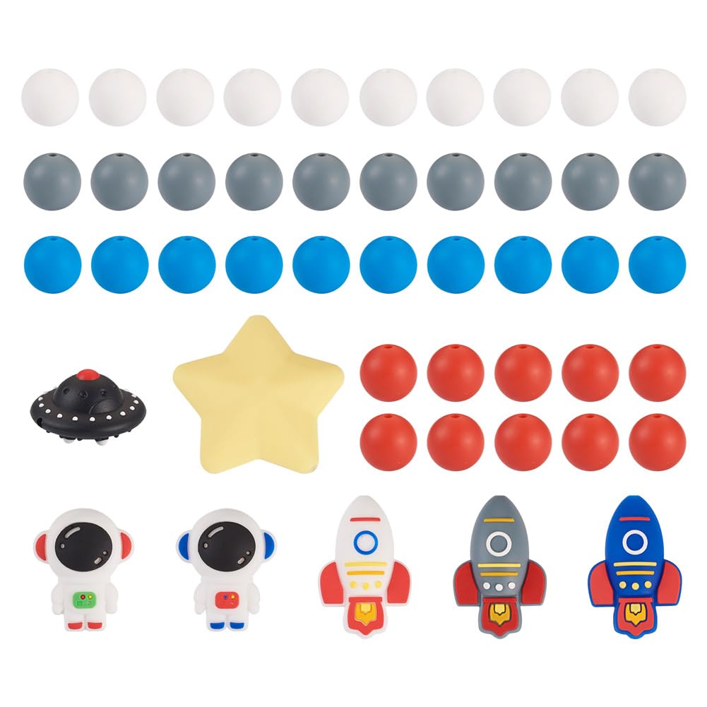 Cheriswelry 48Pcs Space Theme Silicone Beads 3D Astronaut Silicone Beads 15mm Round Rubber Beads for DIY Necklaces Making — image 1
