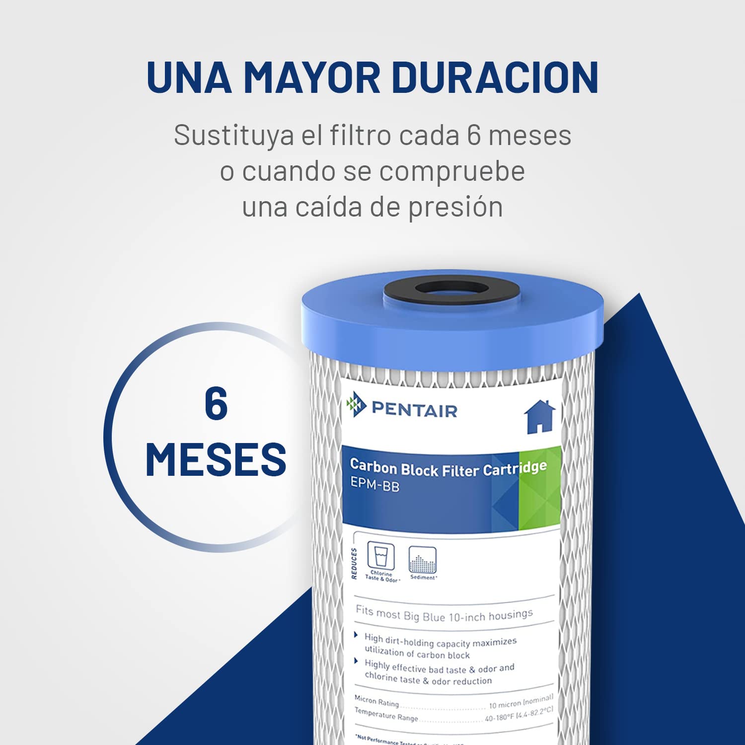 PENTAIR - Cartucho de carbón activo - Big Blue EPM-10BB - filtro agua potable - Reducción cloro - 9-3/4" x 4-5/8", 10 micras