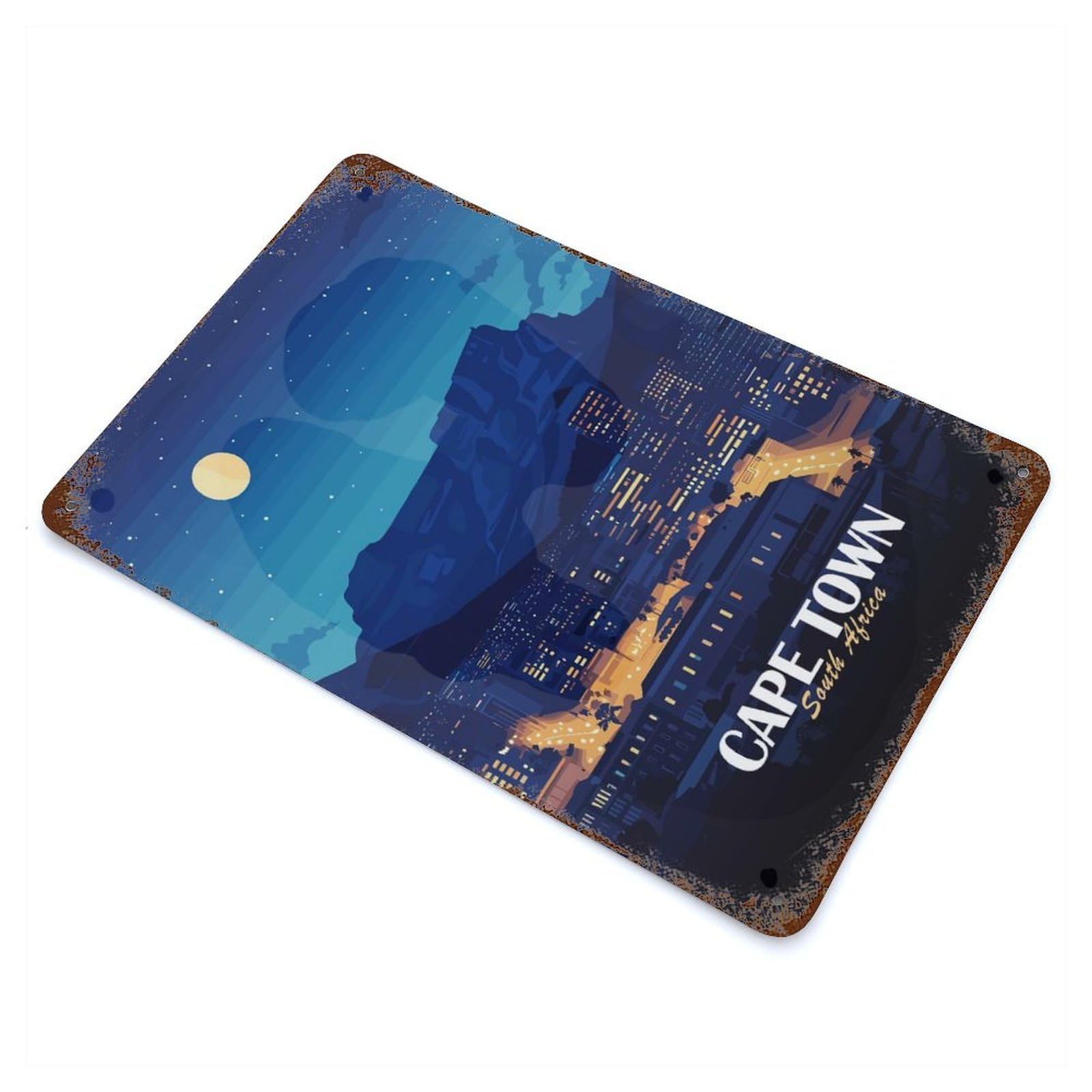 Cape Town South Africa Nightscape Rust Effect Tin Sign 11.8"x7.9", Old School Wall Decor for Living Room, Hallway And Home Decor