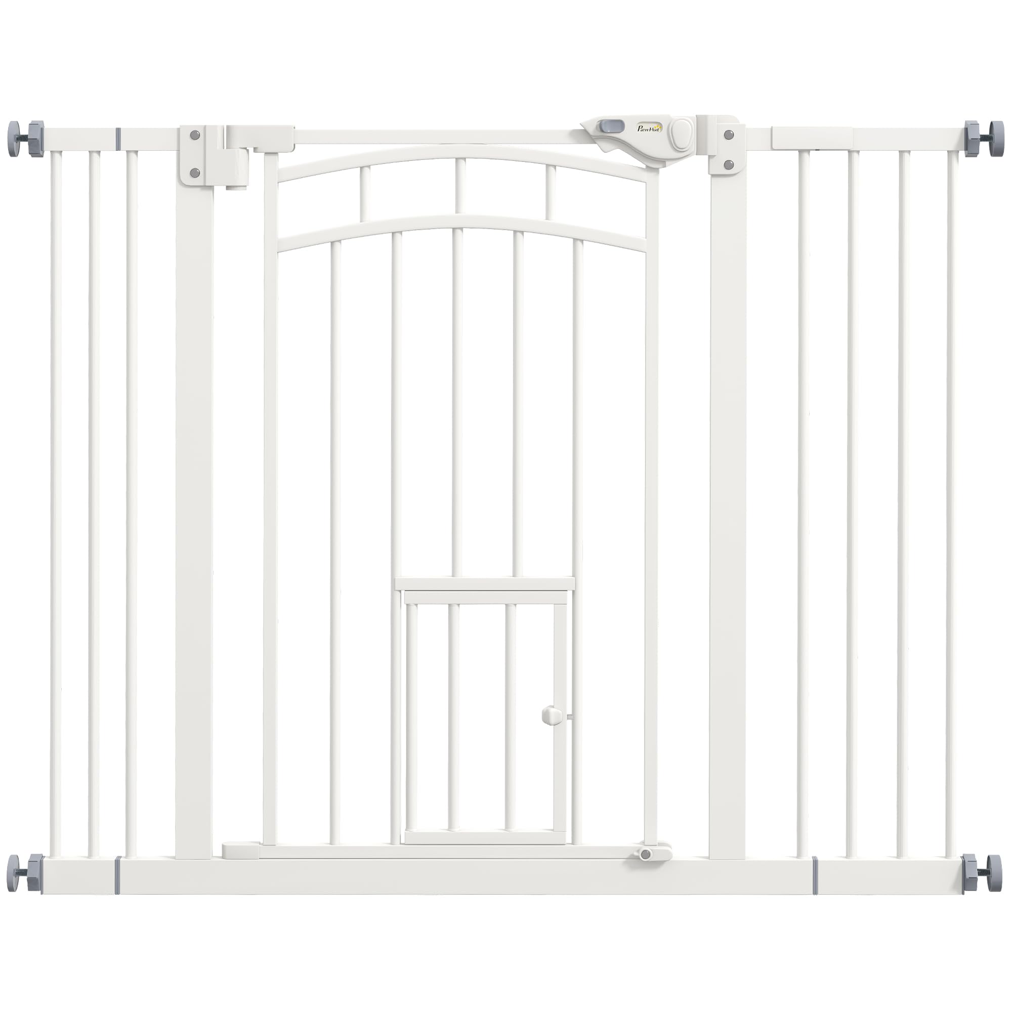 PawHut Türschutzgitter Treppenschutzgitter mit 7/14 cm Verlängerung Türgitter ohne Bohren Treppengitter für Breiten 74-100 cm Einhändiges Öffnen Stahl Weiß