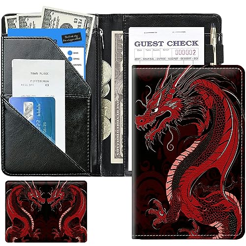 Red Art Dragon Cute Server Books for Waitress, Leather Waiter Book Server Wallet with Zipper Money Pocket, 5 * 8 Waitress Ticket Book Holder Restaurant Waitstaff Organizer with Pen Holder Fit