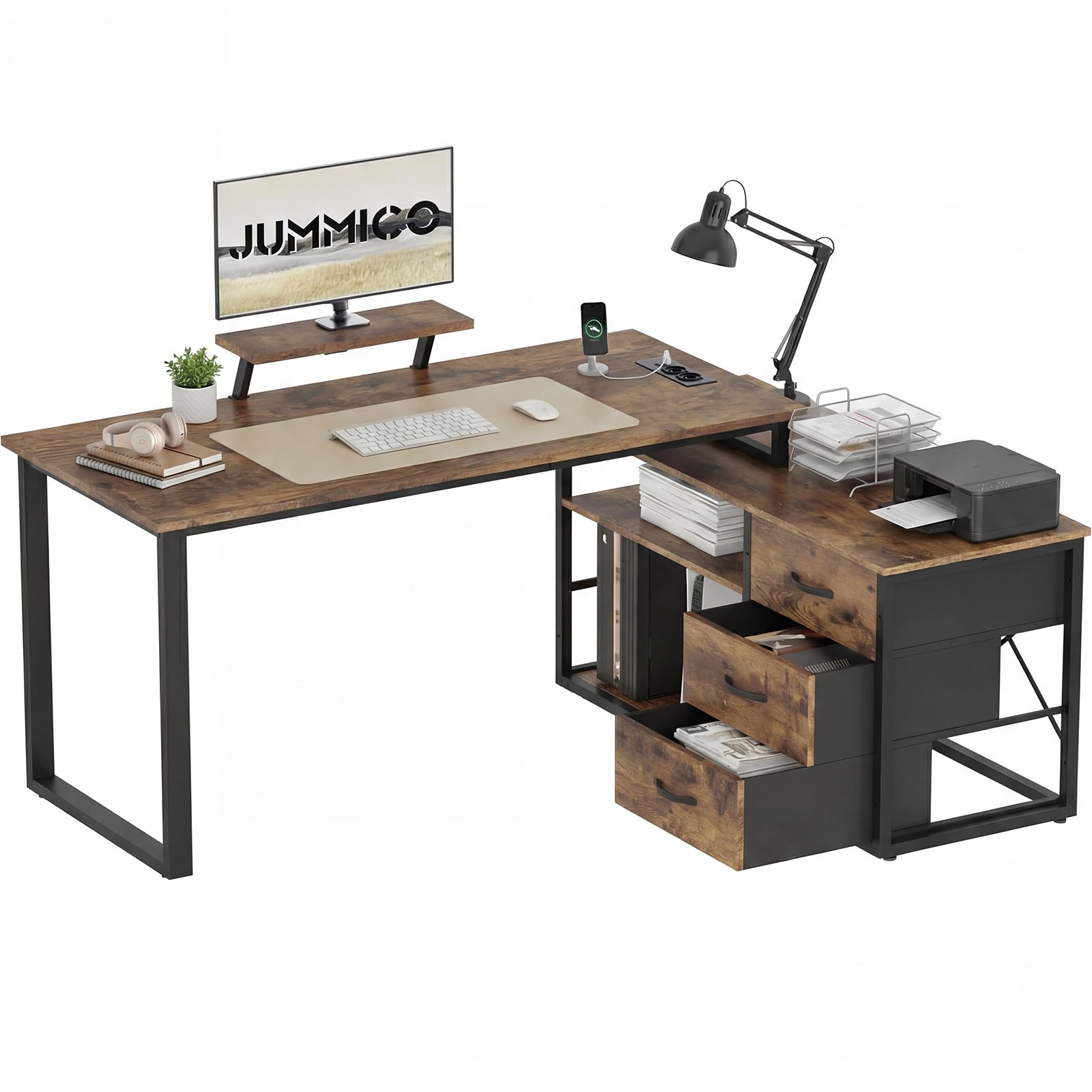 JUMMICO Bureau d'angle en L Réversible Style Industriel, 140x100 cm avec Aspect Bois Brûlé, Bureau Gamer avec Étagères de Rangement et Support Moniteur, Prise Intégrée