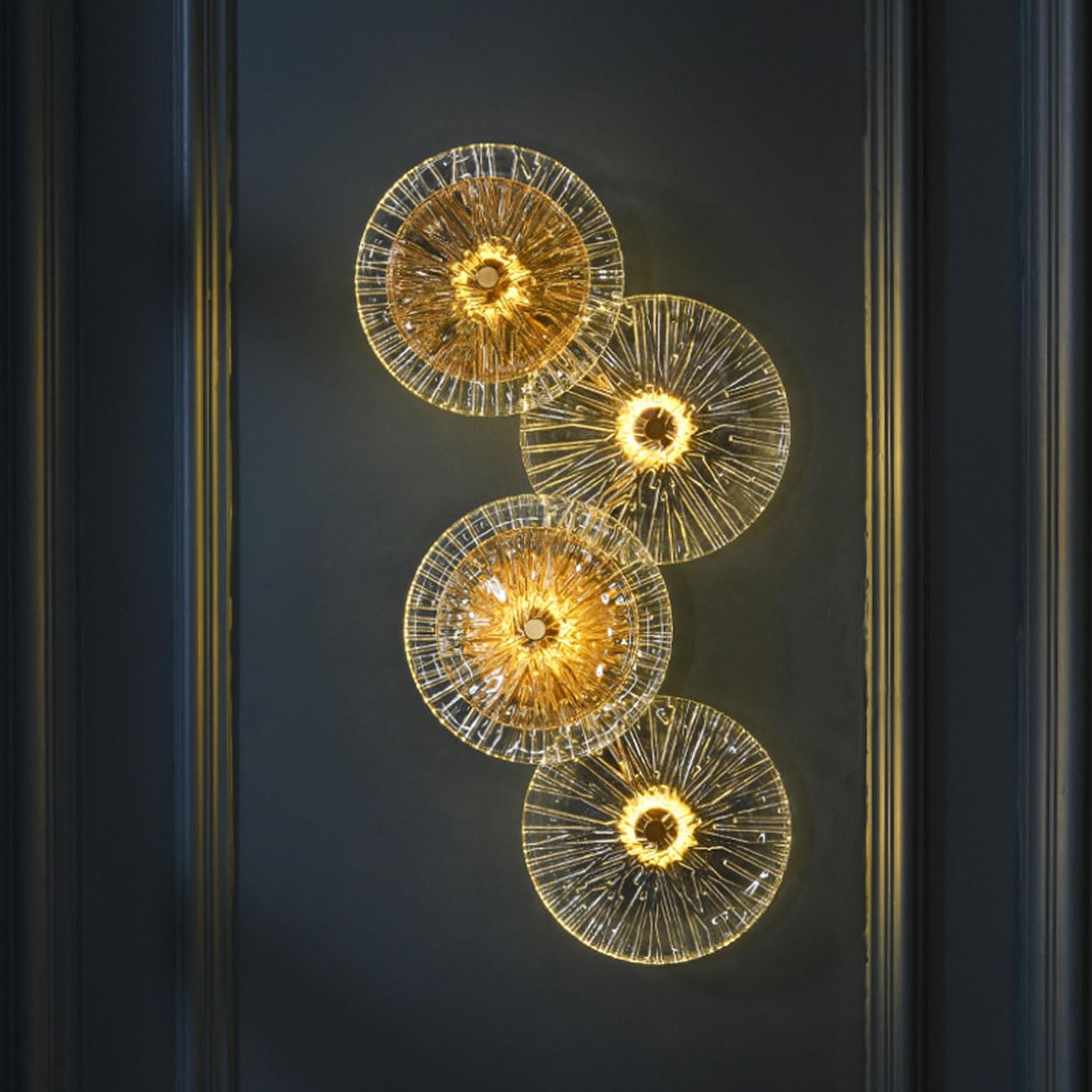 Aplique de Pared de Cristal Dorado, luz de Pared de Vidrio ámbar con Forma de Disco Moderno, Montaje en Pared, Accesorios de lámpara de Pared de tocador Interior para Dormitorio