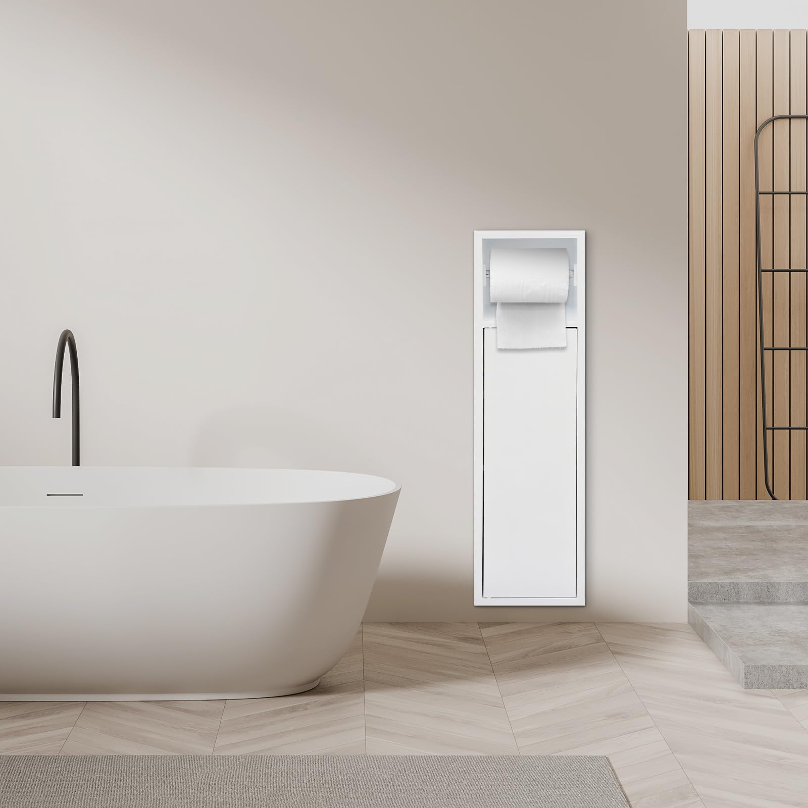 Porta carta igienica da incasso, in acciaio inox, con nicchia da parete per bagno, armadietto da bagno con ante dell'armadio, 2 ripiani + scomparto per porta, organizer da bagno per shampoo