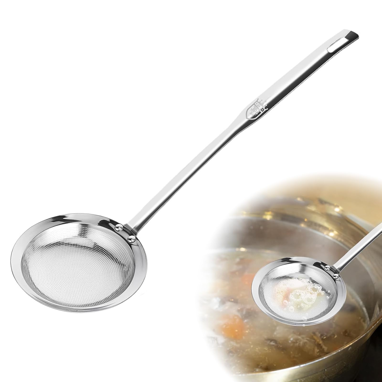 Écumoire en acier inoxydable 304 - Passoire à mailles fines - Pour graisse et mousse - Petit avec poignée - Pour bouillon, soupe, ragoût, fondue - Passe au lave-vaisselle
