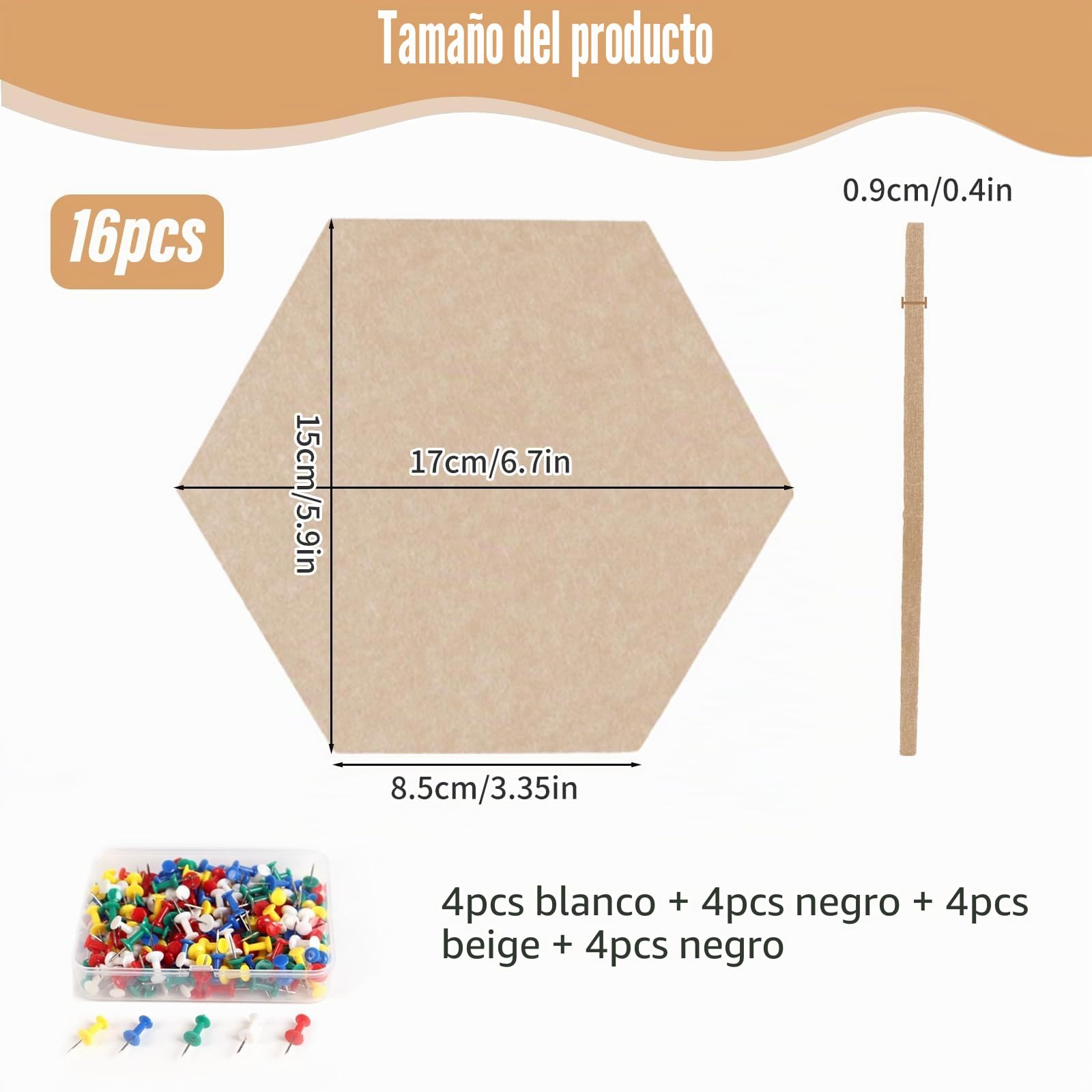 Pared Fieltro Hexagonal Autoadhesivo,Tablero de Corcho 16 Stück 15x17cm Tablón de Anuncios con 60 Chinchetas, Multifunción Azulejos de Fieltro &Paneles de Pared