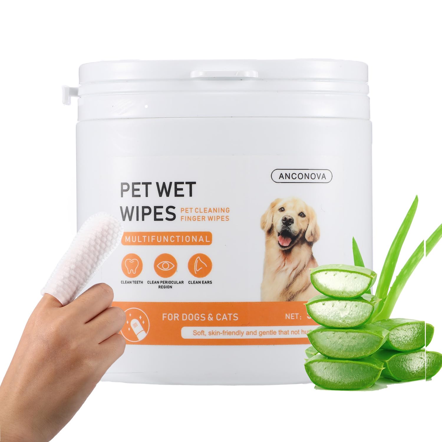 ANCONOVA Pet Teeth Disposable Gentle Cleaning Wipes Multifunctional, Finger Toothbrush for Dogs & Cats Bad Breath Eliminator Removing Plaque & Tartar