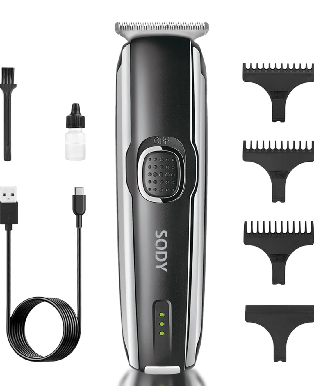 SODY Tagliacapelli Elettrico Ricaricabile, Kit Regolabarba con 4 Pettini Distanziatori, Cavo USB, Nero/Argento