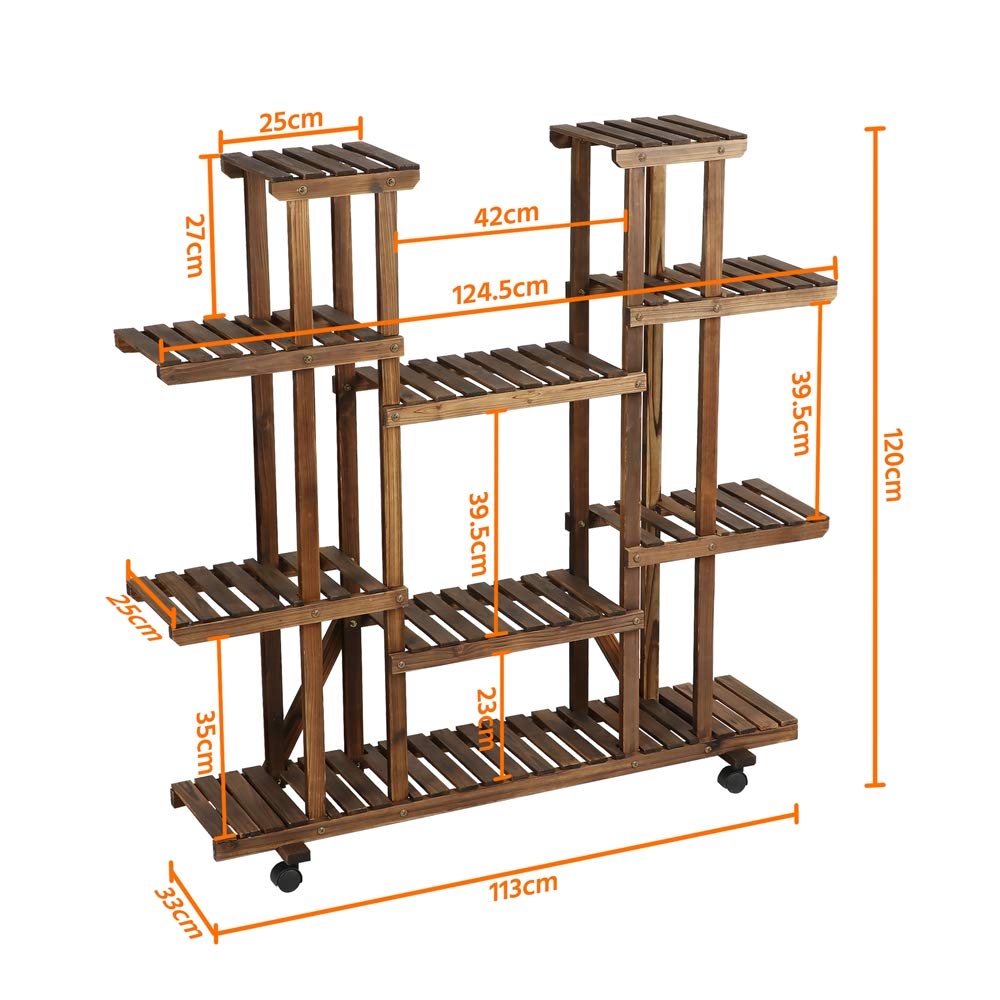 Yaheetech Étagère à Fleurs en Bois Supports de Pots à roulettes Porte Plante 9 Tablettes Escalier Présentoire de Jardin 124,5 x 33 x 120 cm