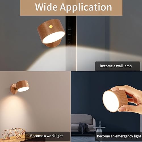 Vista 17 de LANDGOO Lámpara de noche de pared con pilas, luz de pared magnética de madera regulable, ángulo ajustable de 360°, lámpara inalámbrica recargable