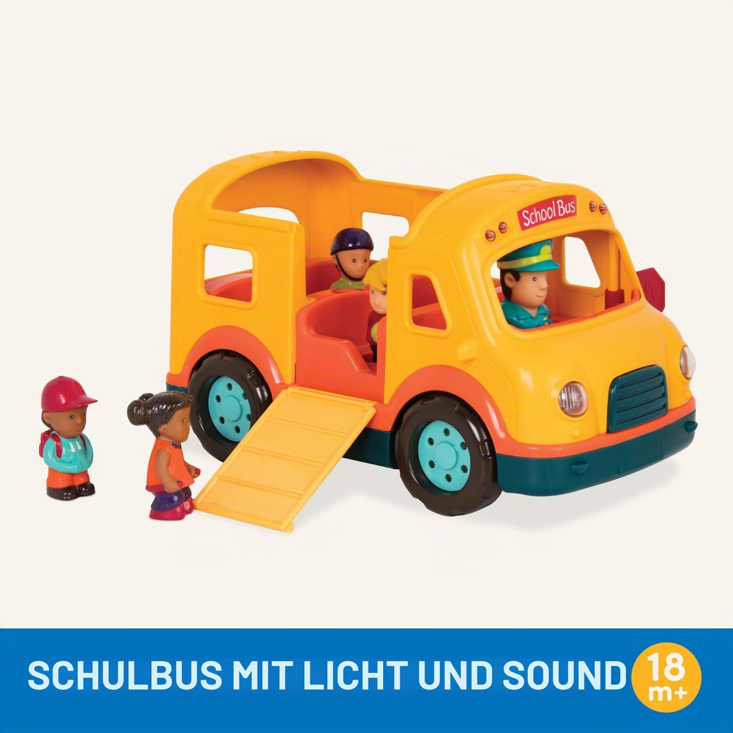 Battat - Licht & Geräusche Schulbus - Gelber leuchtender Schulbus - 5 Spielzeugfiguren - Realistische Geräusche - Klappbares Stoppschild - 18 Monate +